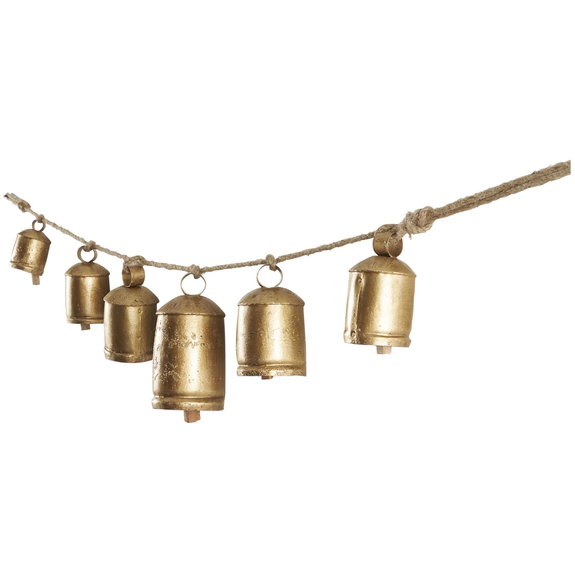 Gold Metal Tibetan Inspired String Hanging Indoor Outdoor Decorative Cow Bells with 6 Bells on Jute Hanging Rope