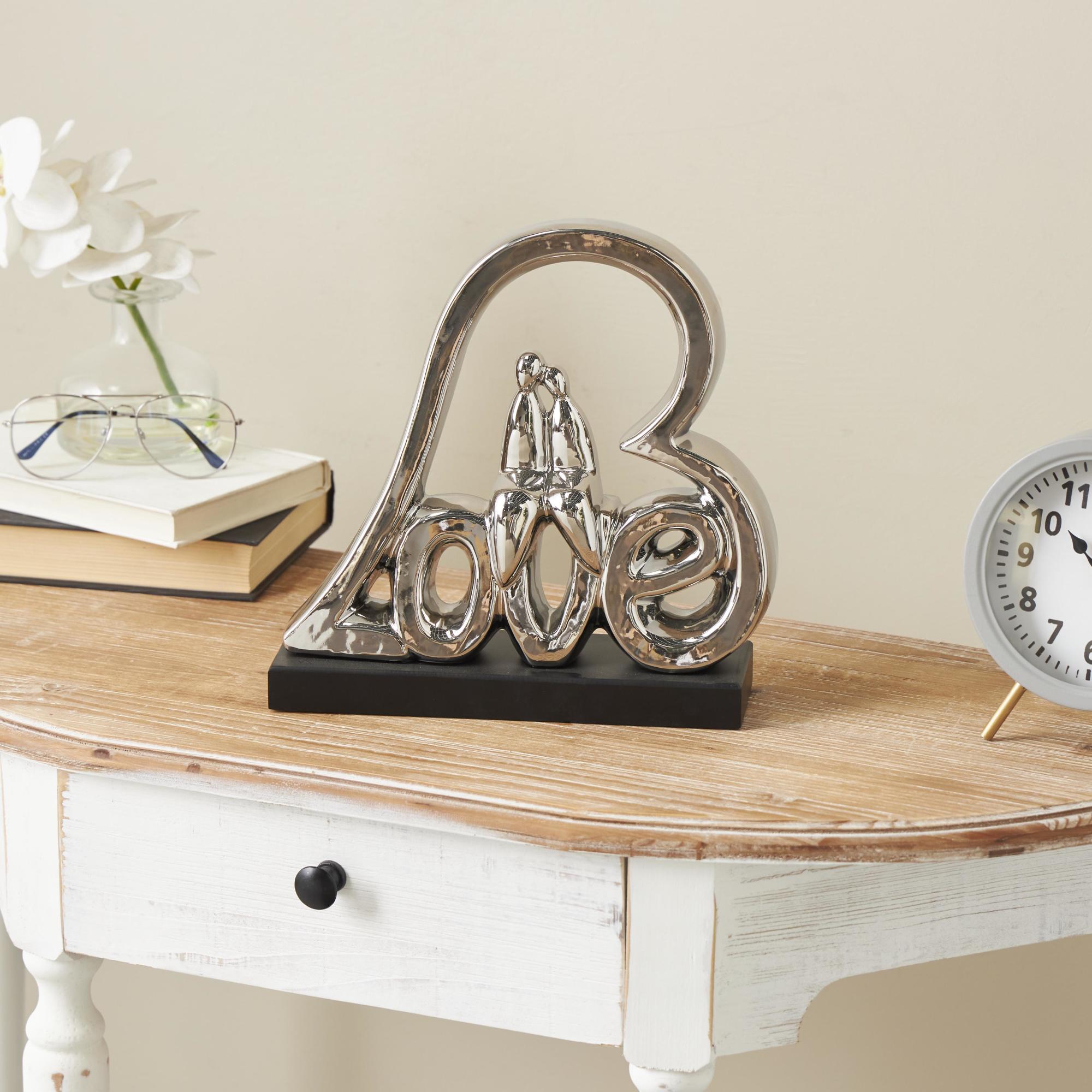 Heart Silver Ceramic Family Love Decorative Sculpture with Black Base