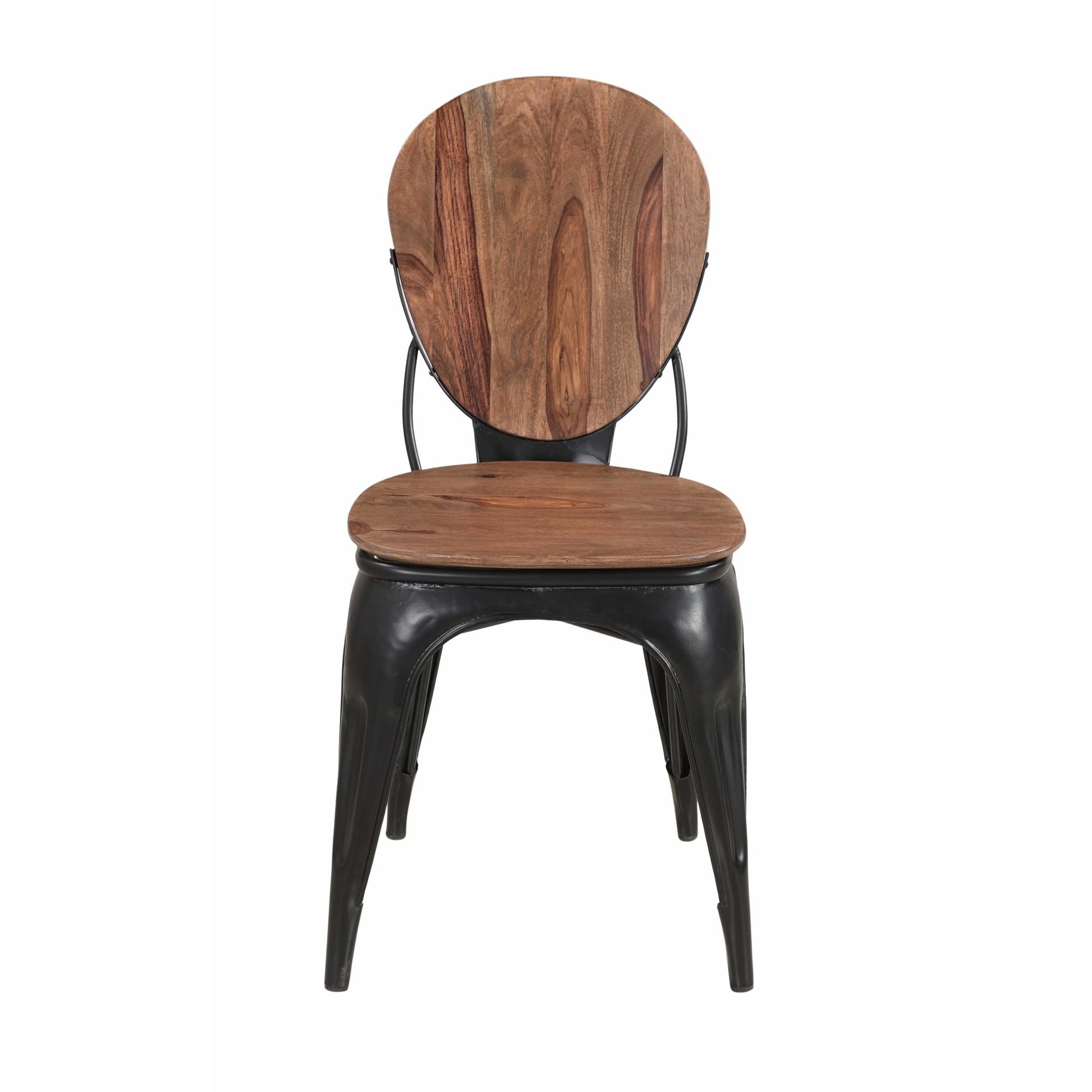 Set of 2 Brown Sheesham Wood Rounded Kitchen Dining Chair with Black Iron Tapered Legs and Curved Support