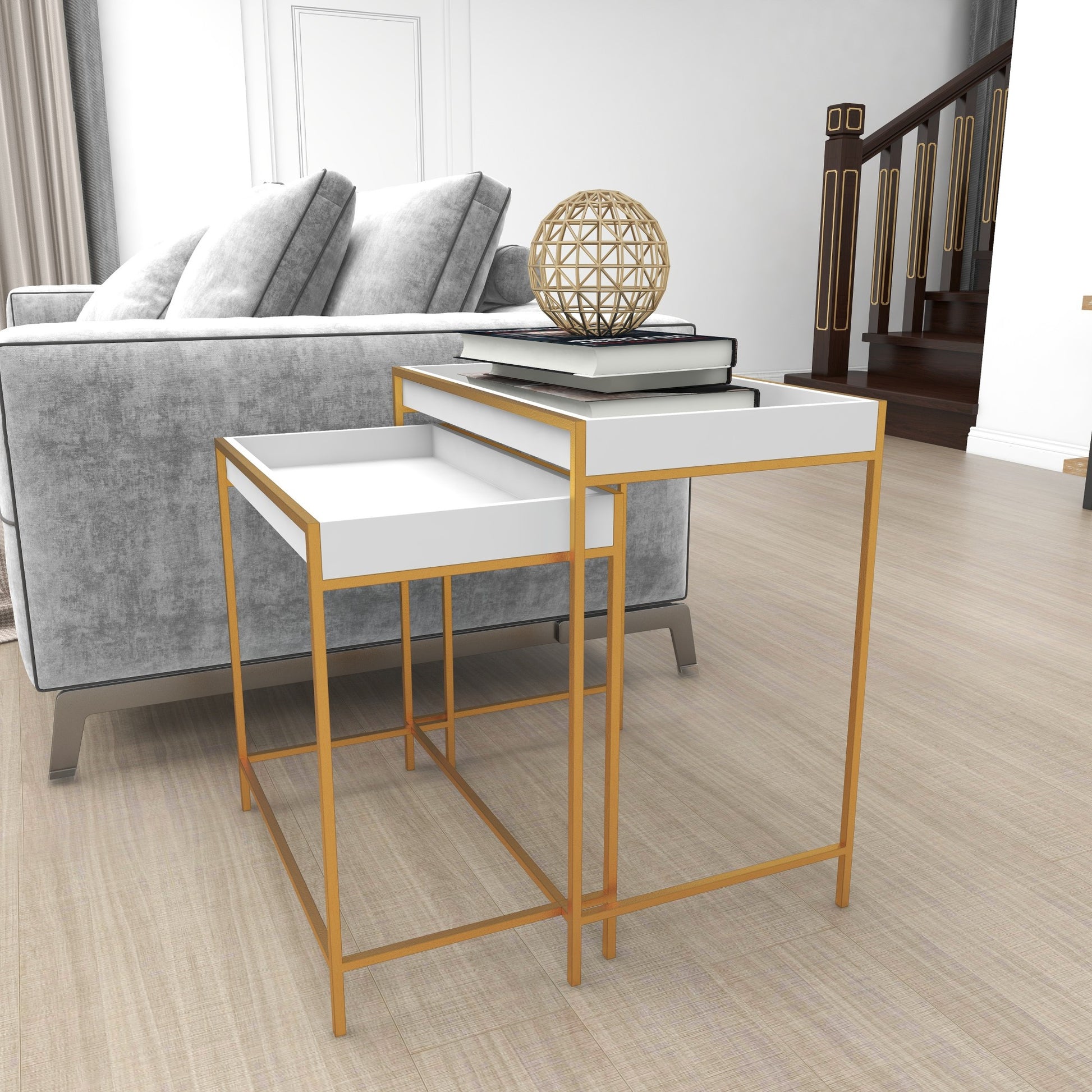 Set of 2 Geometric White Wooden Nesting Tray Top Side End Accent Table with Gold Metal Legs