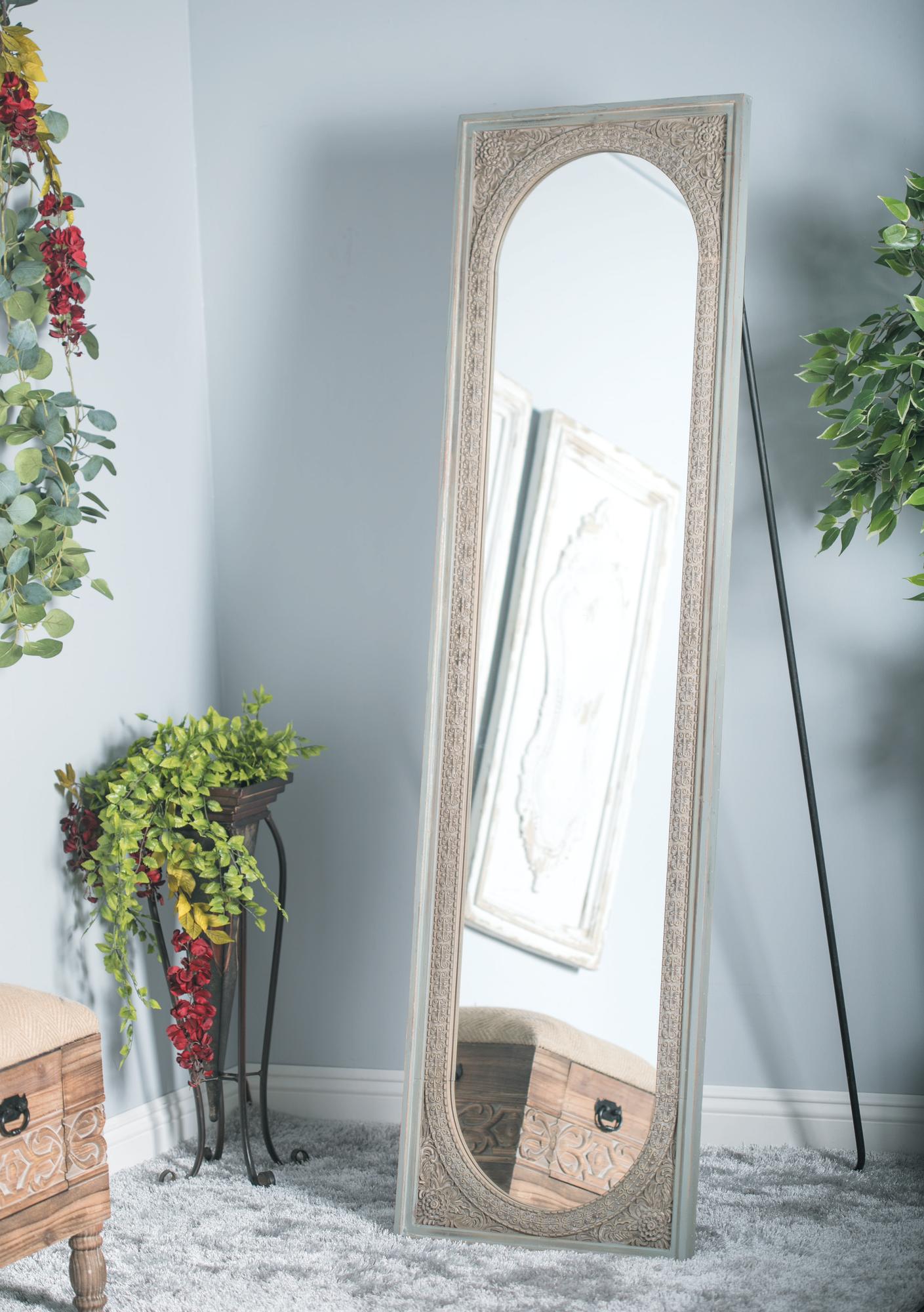Floral Green Wood Embossed Room Floor Mirror with Black Metal Foldable Stand