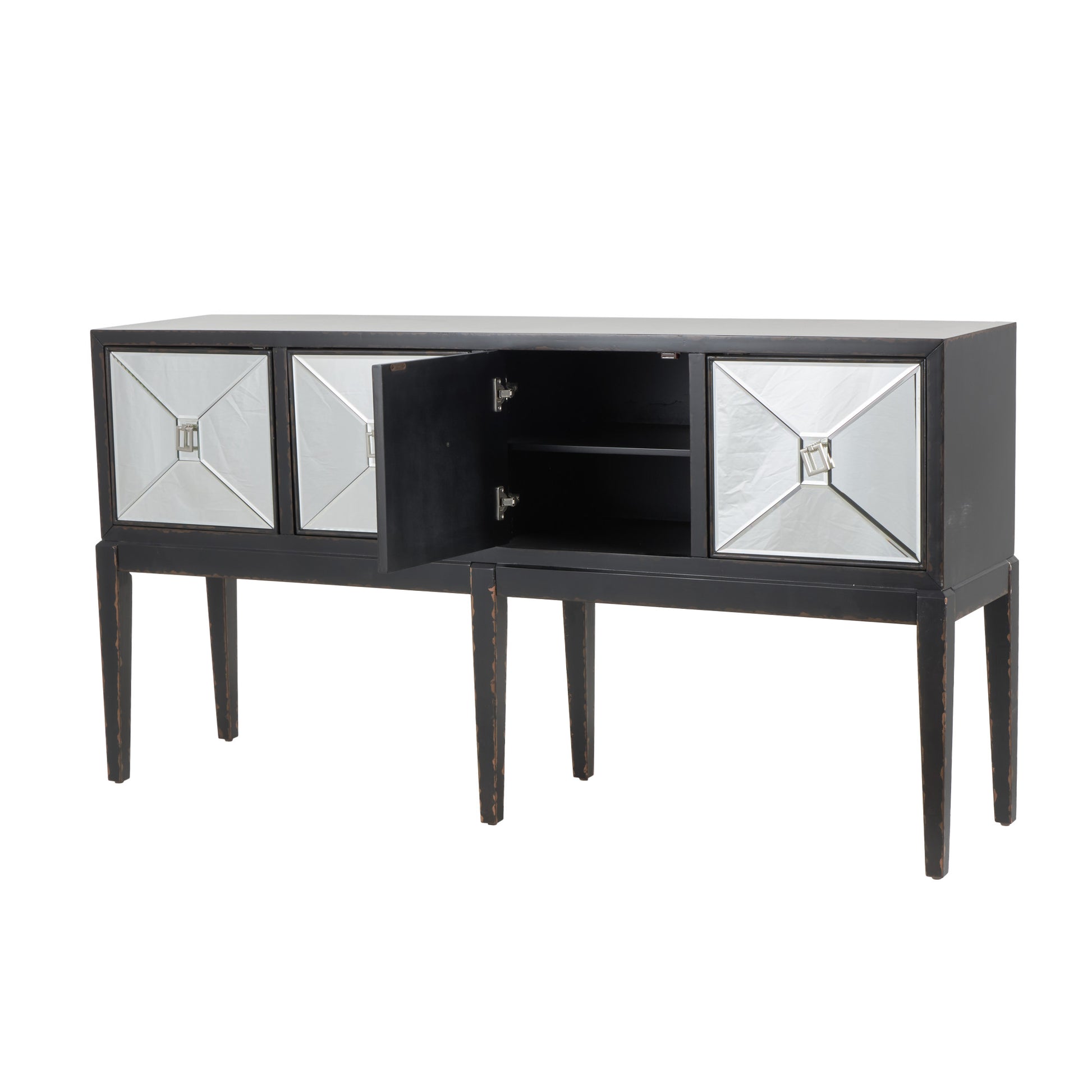 Geometric Black Wooden Distressed 4 Door Living Room Console Table with Square Mirrored Front Panels and Silver Rectangular Handles