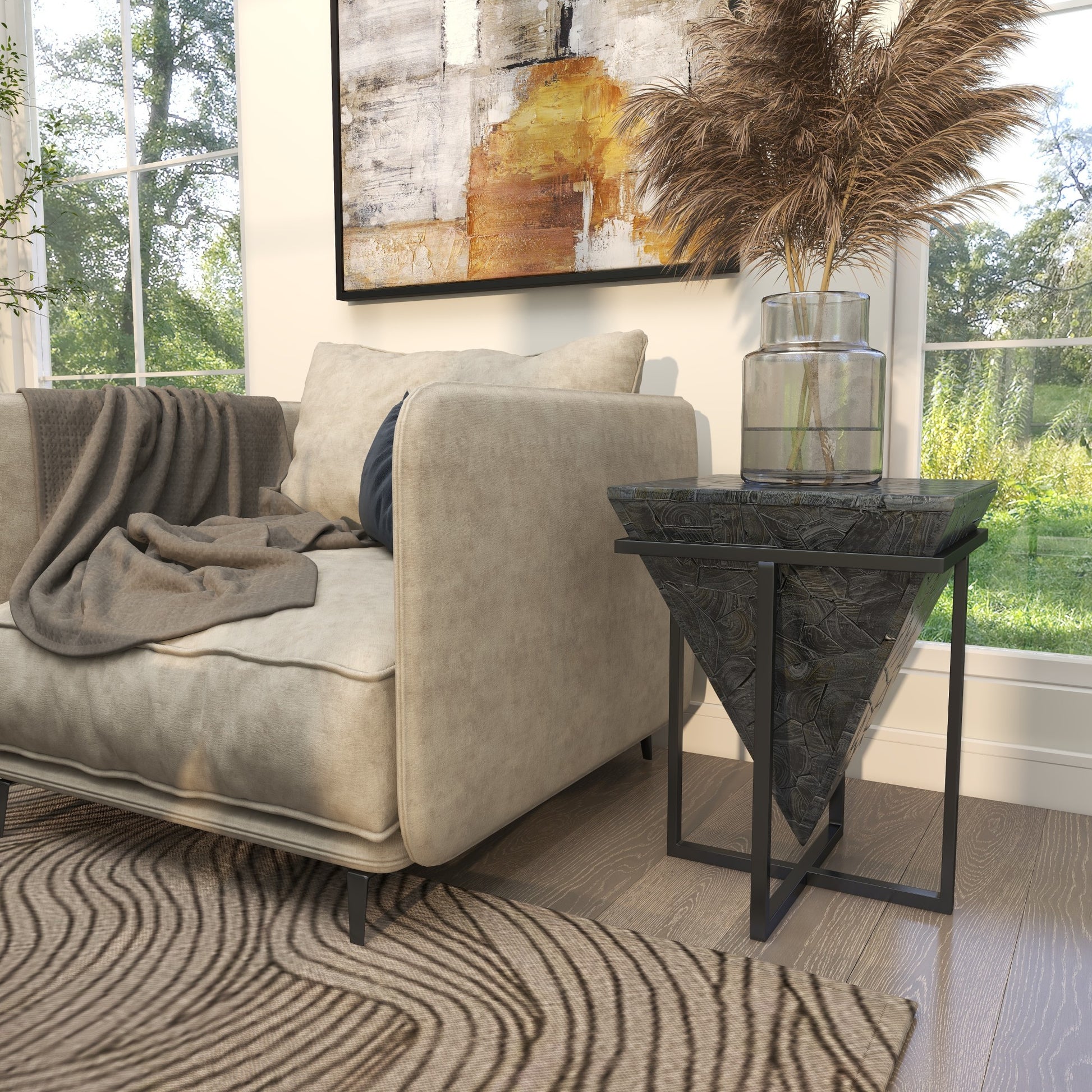 Geometric Teak Wood Handmade Inverted Pyramid Side End Accent Table with Black Metal Base 17" x 17" x 22"