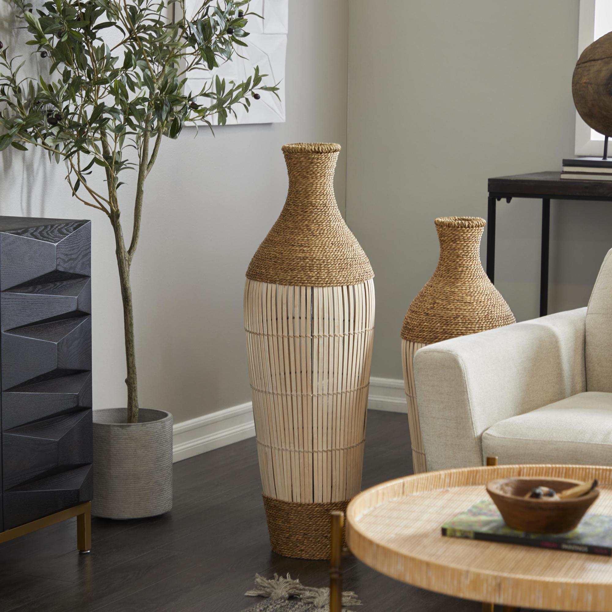 Brown Seagrass Handmade Wrapped Tall Decorative Vase with Cream Slatted Bamboo Center