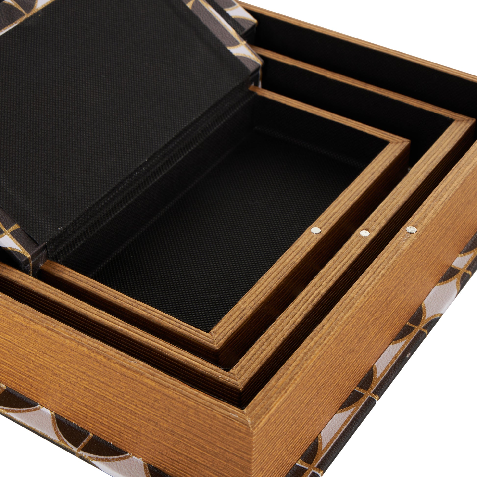 Set of 3 Black Faux Leather Faux Book Storage Decorative Box with Circle and Semi-Circle Pattern