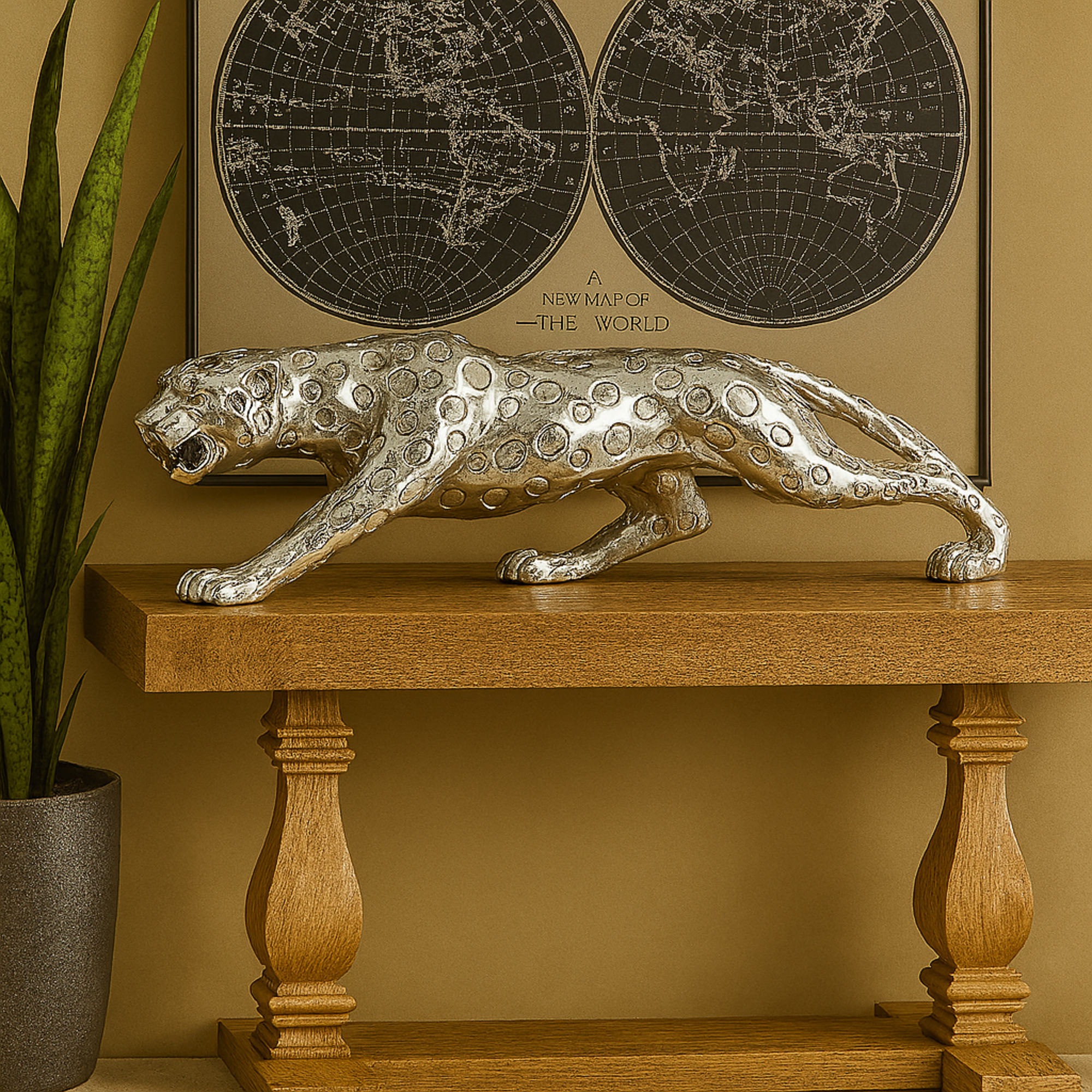 Leopard Silver Polystone Decorative Sculpture