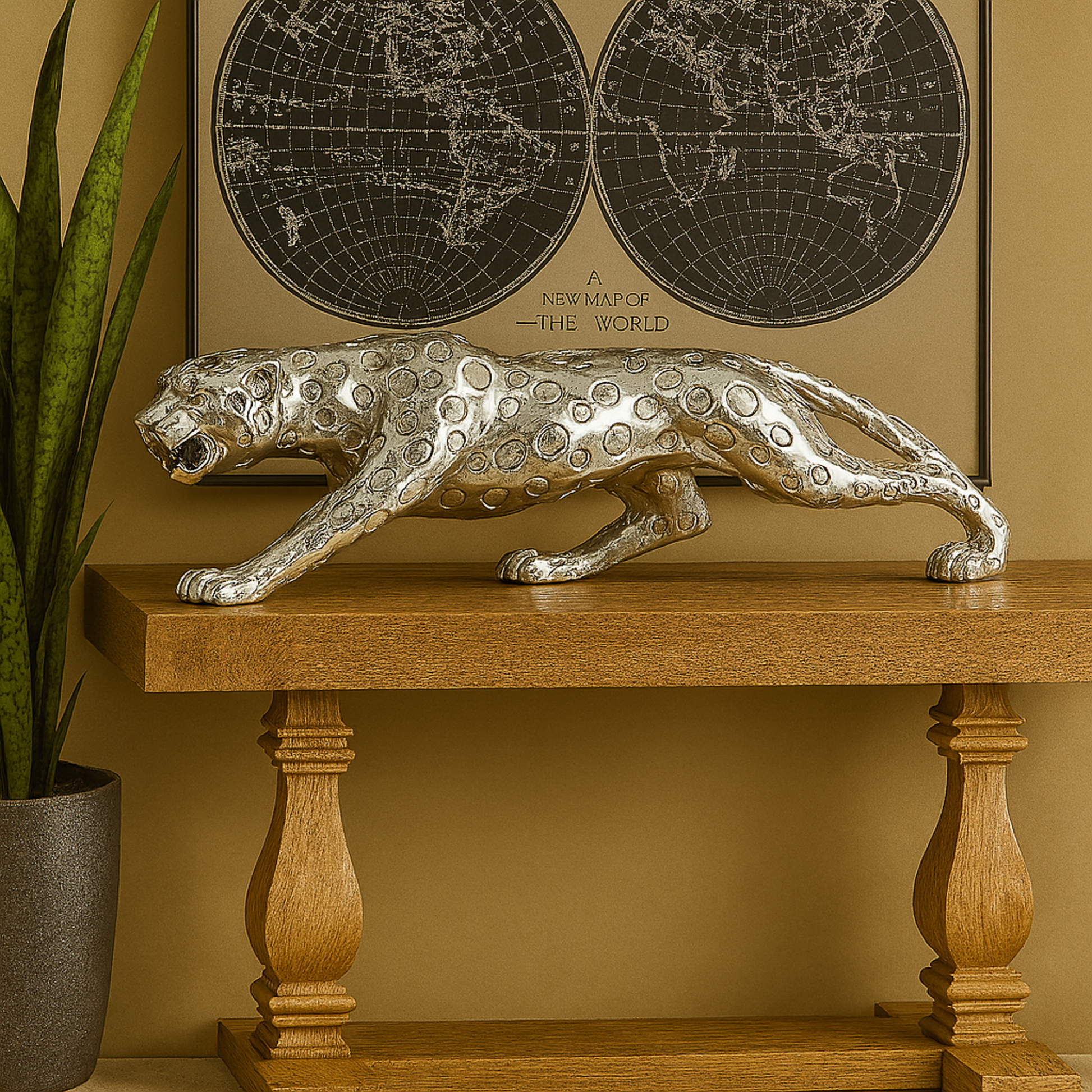 Leopard Silver Polystone Decorative Sculpture
