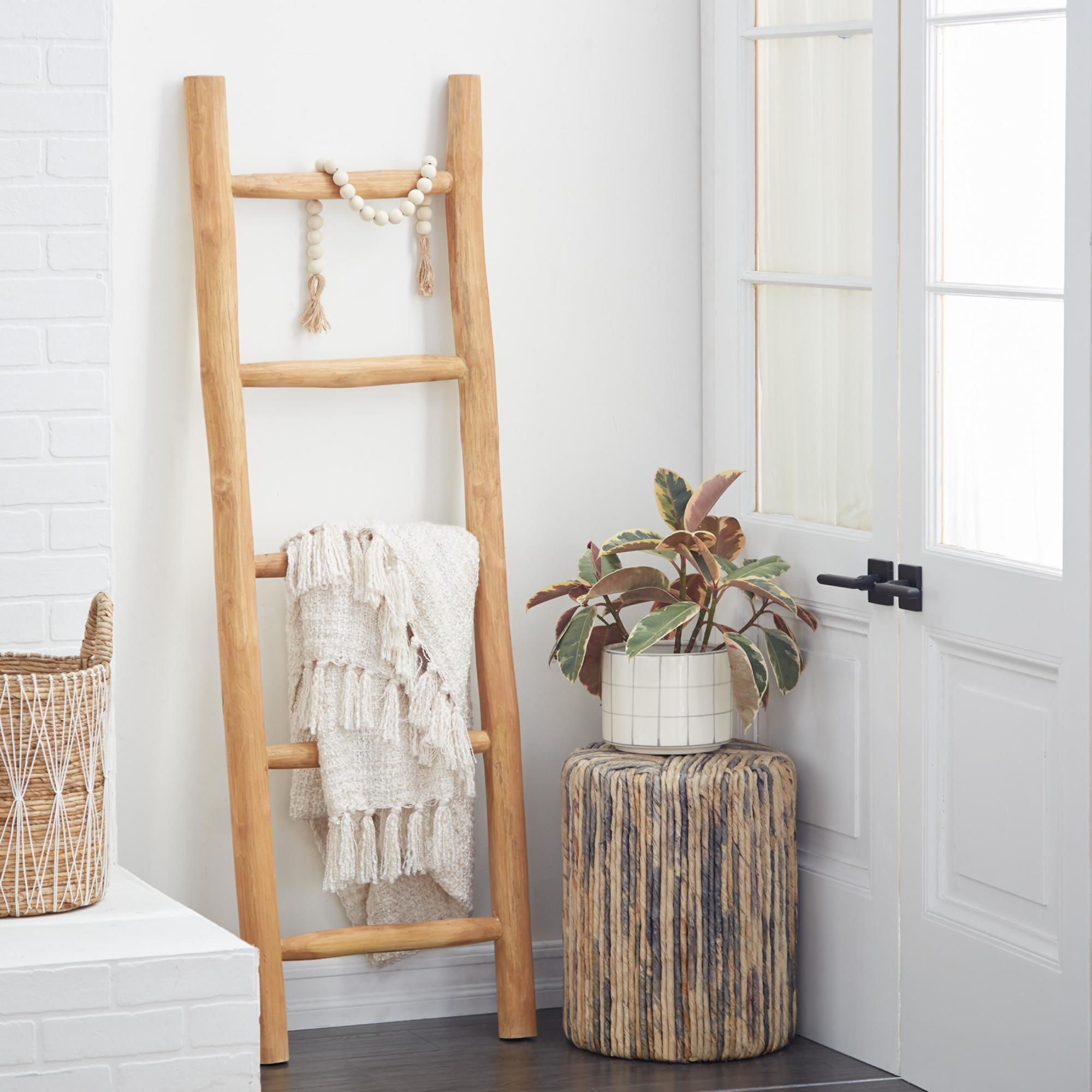 Brown Teak Wood Handmade 5 Rung Decorative Ladder