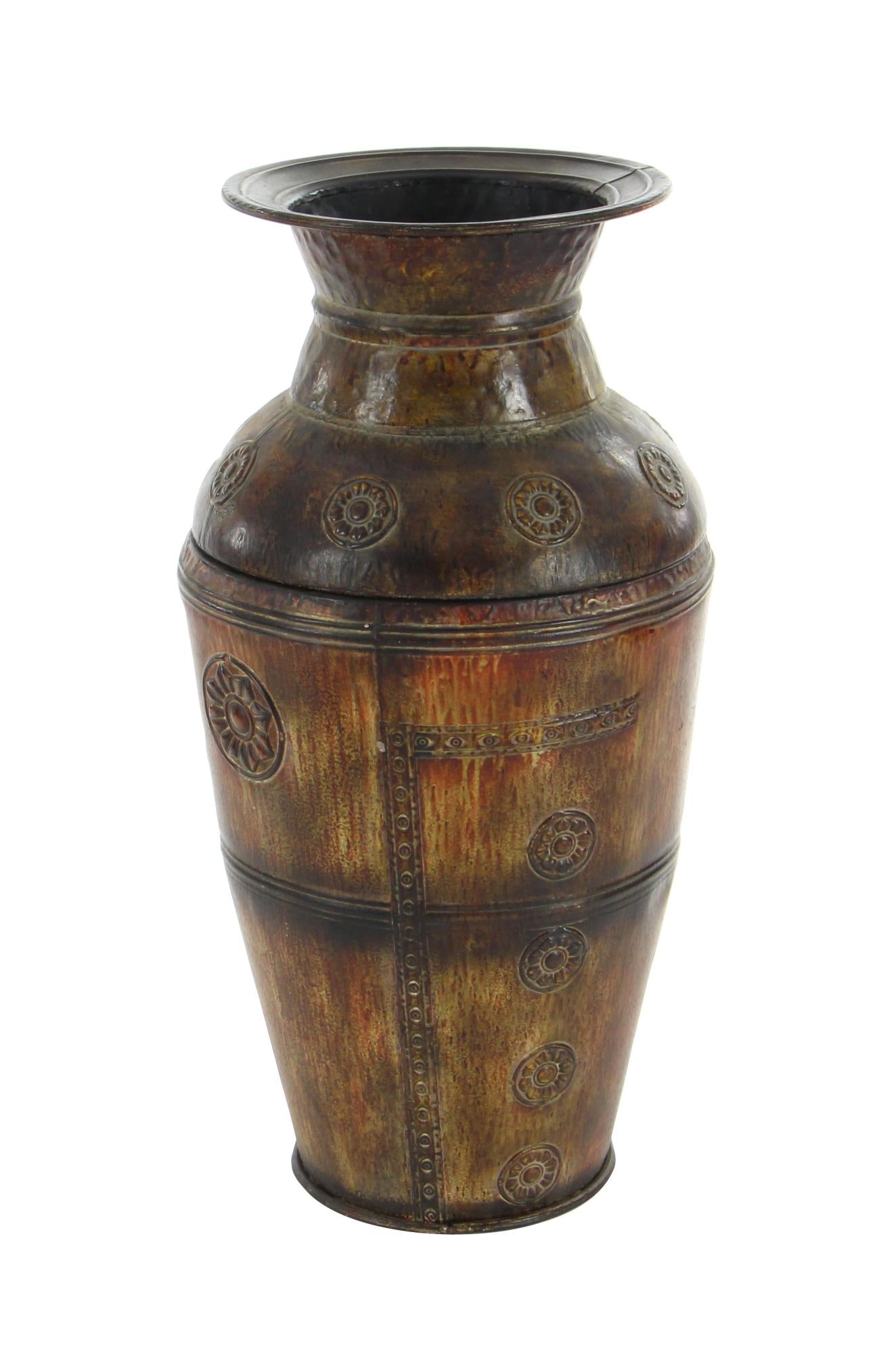 Set of 2 Floral Brown Metal Indoor Outdoor Large Decorative Vase with Evil Eye Relief