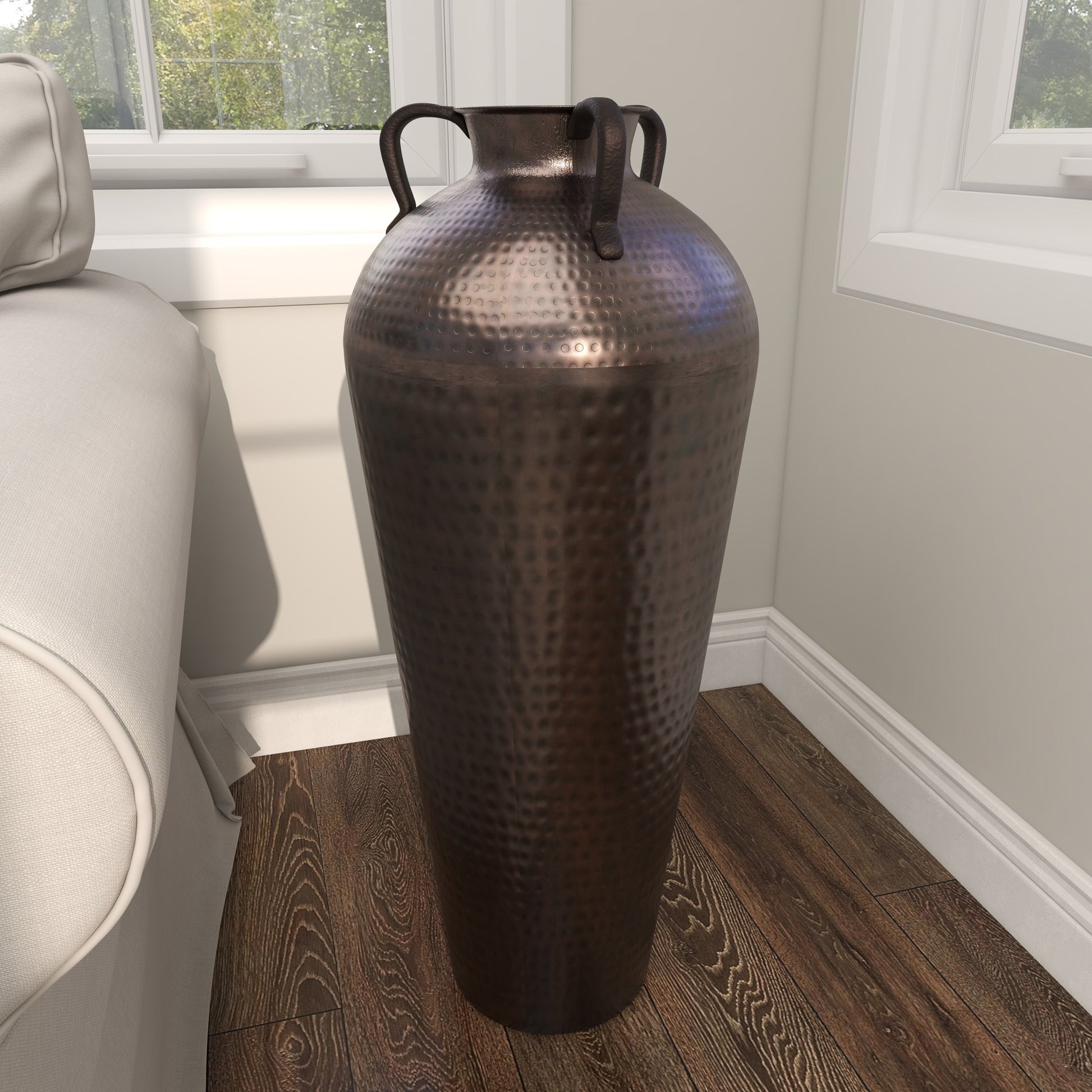 Brown Metal Tall Floor Mediterranean Style Decorative Vase with Hammered Details and Handles