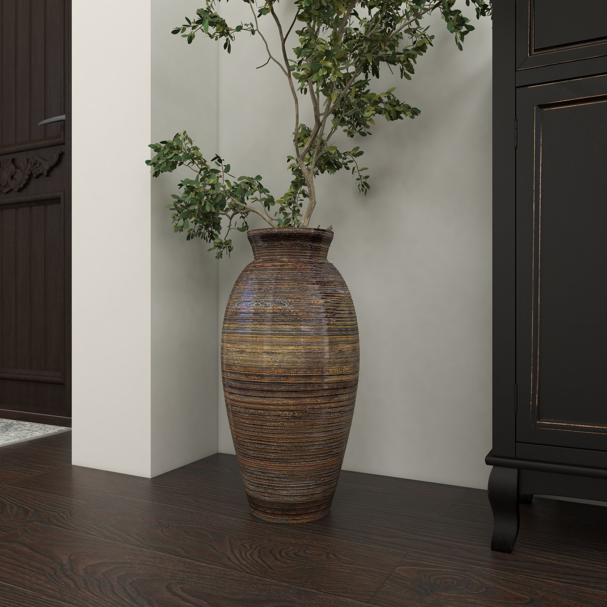 Brown Bamboo Wood Textured Decorative Vase with Lacquer