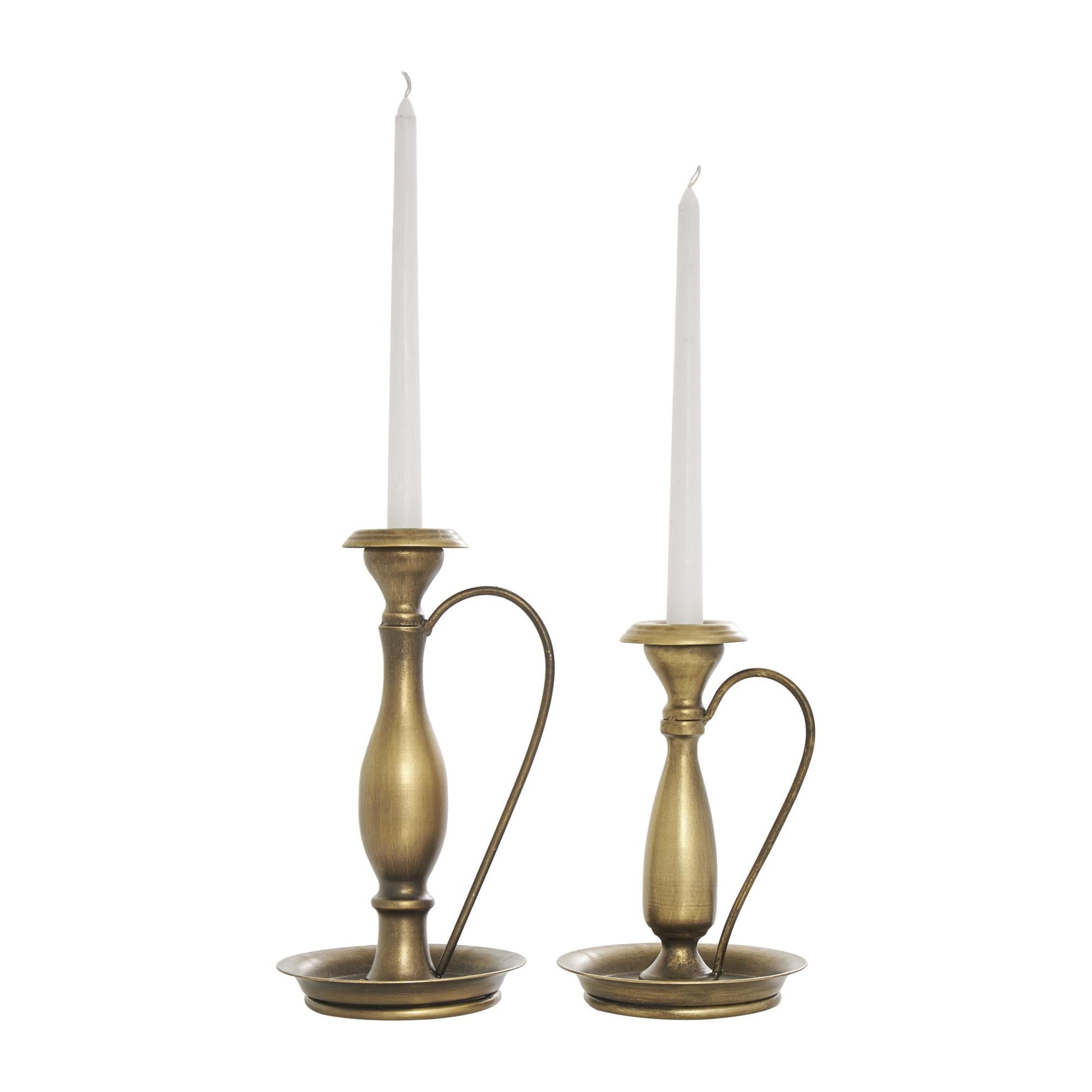 Set of 2 Bronze Metal Antique Style Decorative Candle Holder with Candle Plates and Handles