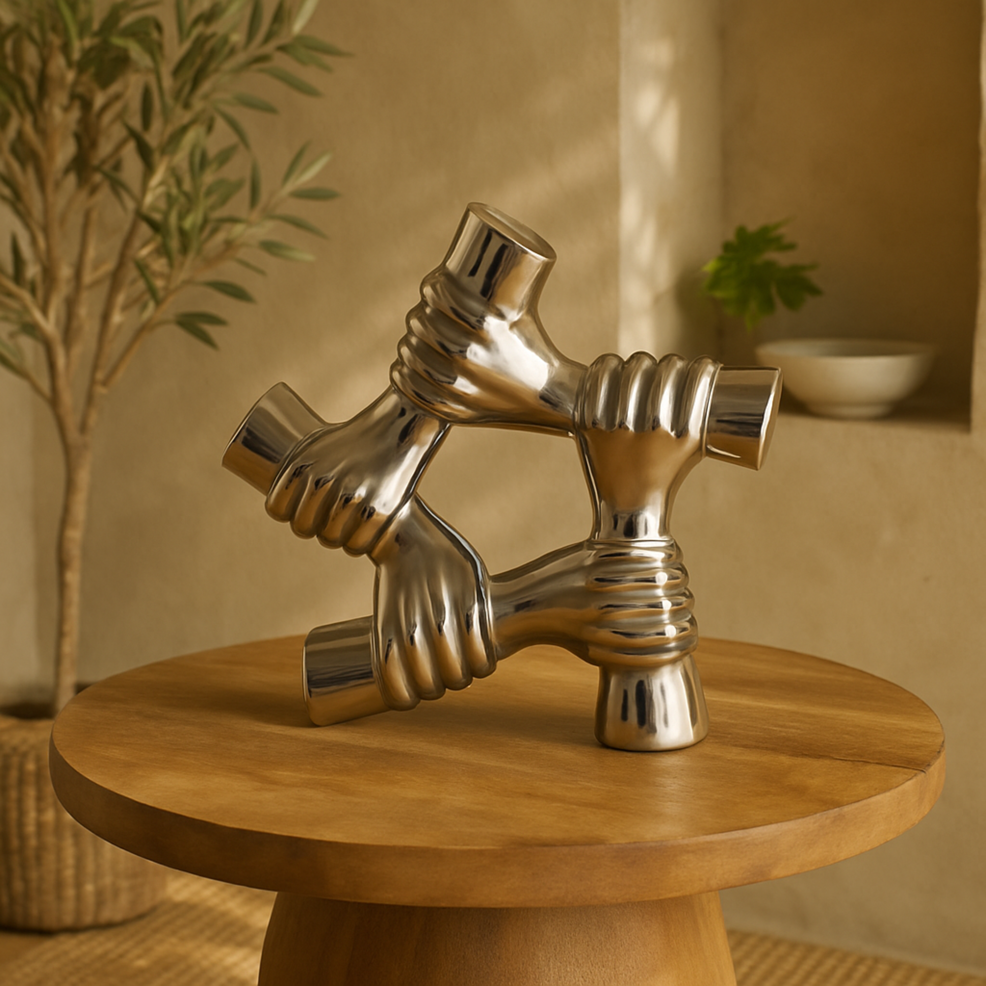Hands Silver Ceramic Gripping Decorative Sculpture