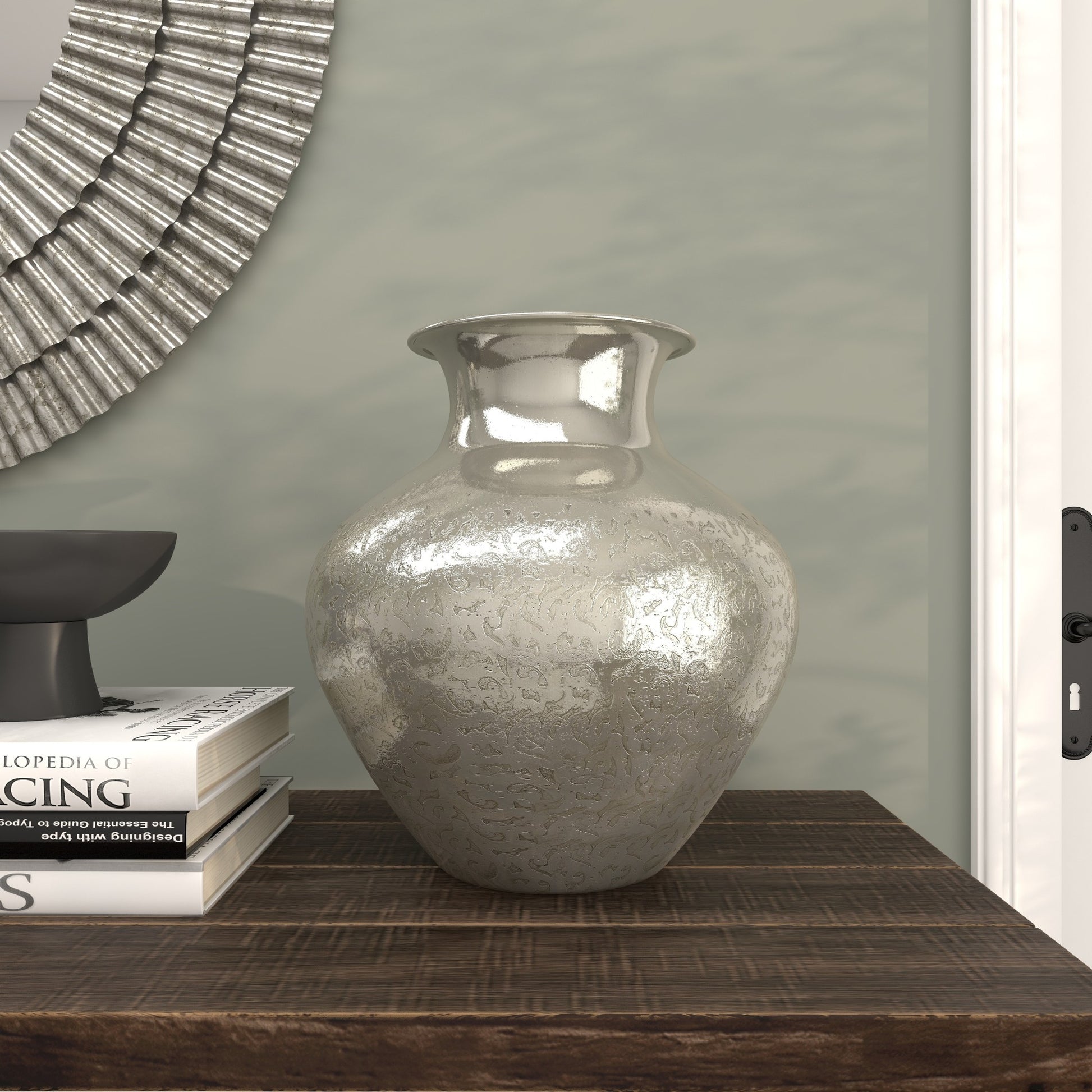 Silver Aluminum Metal Round Engraved Decorative Vase