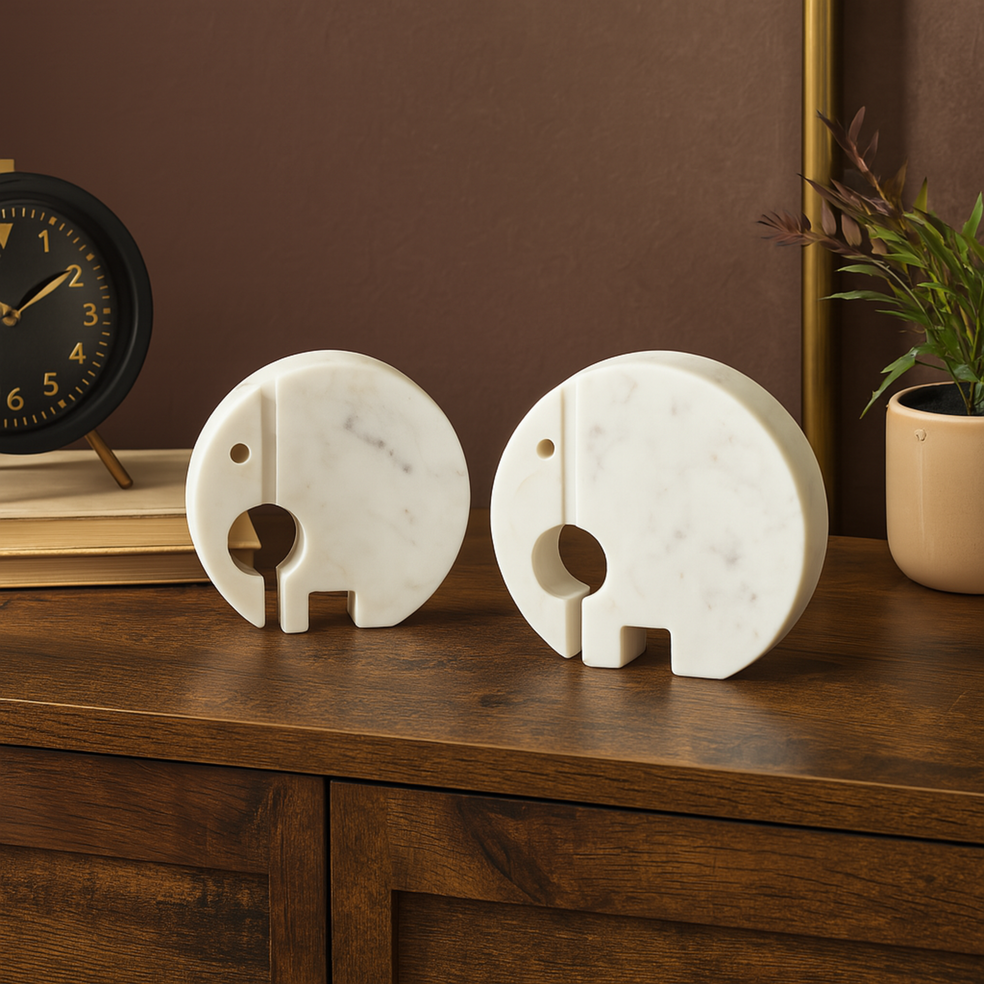 Set of 2 Elephant White Marble Circular Abstract Decorative Sculpture with Gray Marble Veins and Cutouts