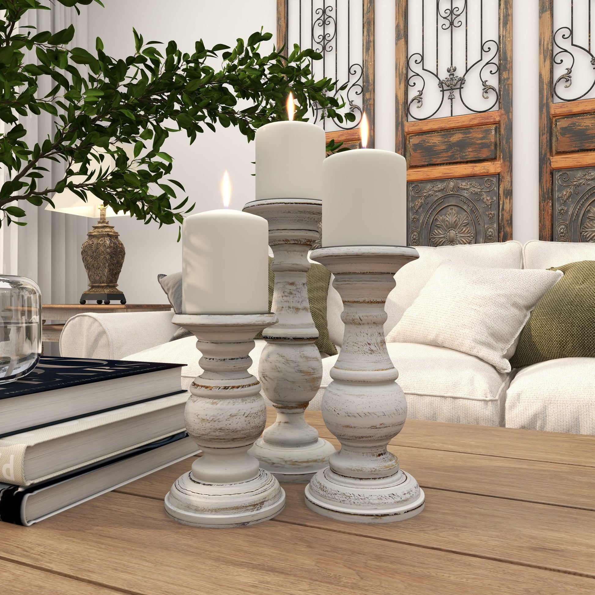 Set of 3 Mango Wood Distressed Turned Pillar Decorative Candle Holder