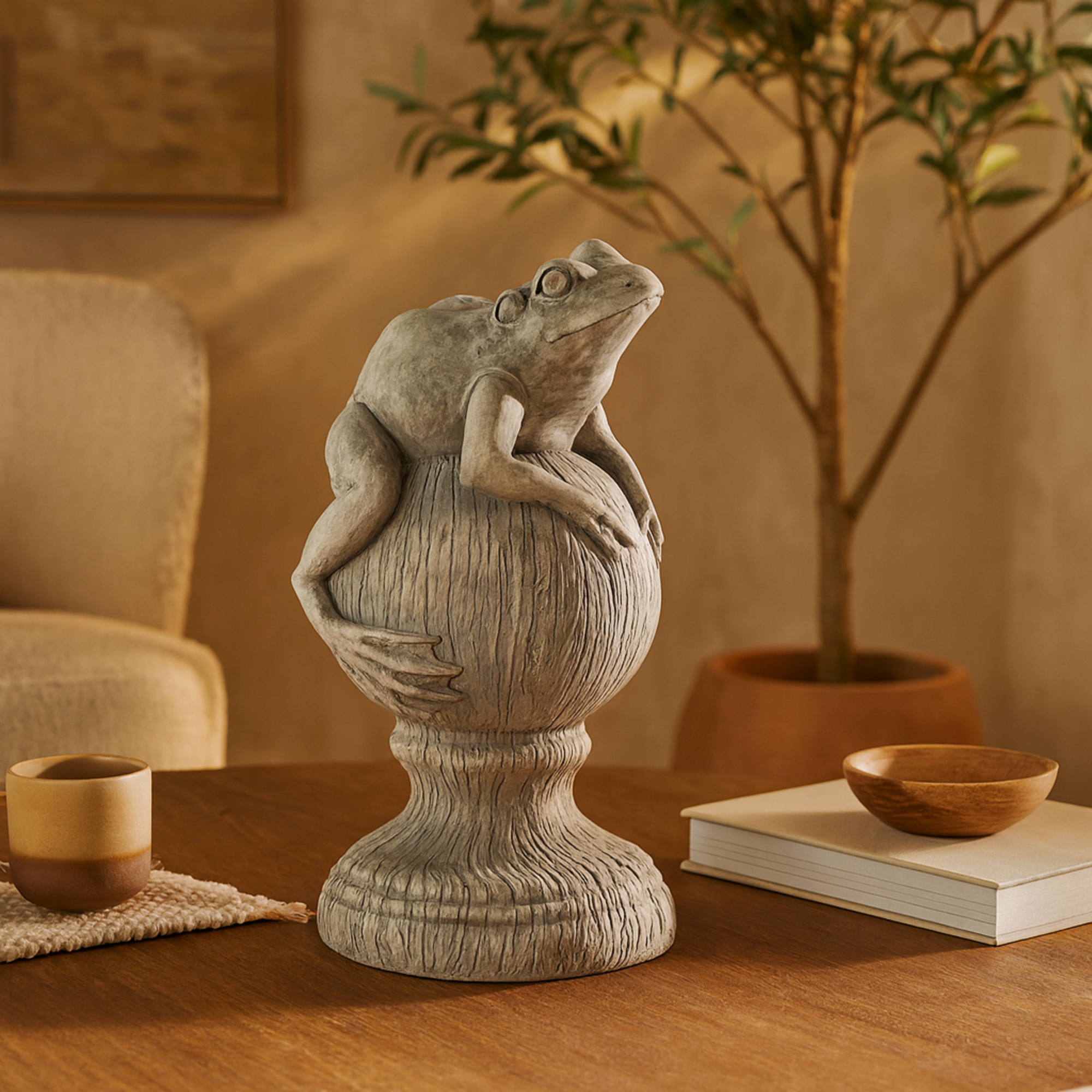 Frog Gray Polystone Textured Decorative Sculpture with Round Base