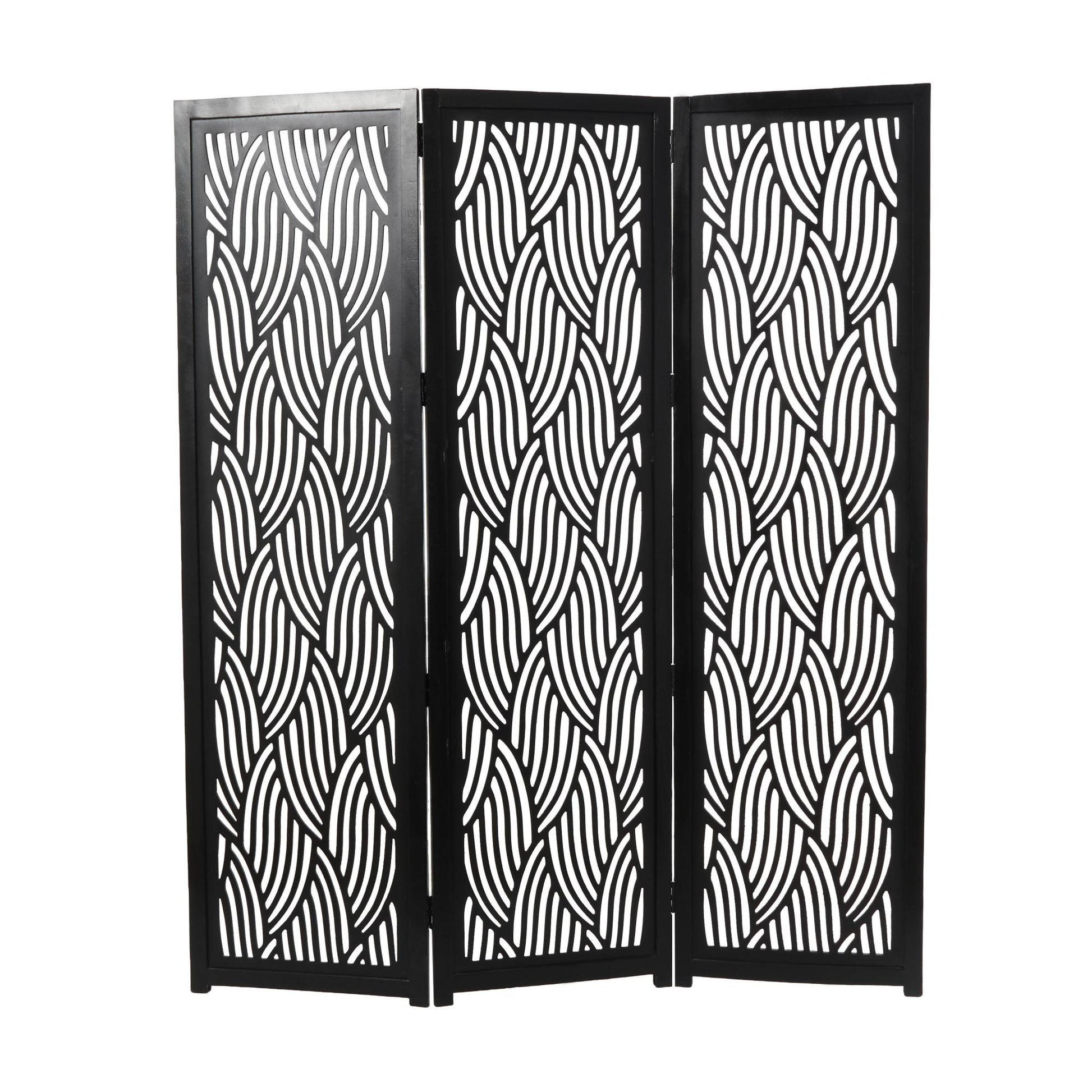 Abstract Black Mango Wood Wavy Cutout 3 Panel Partition Room Divider Screen