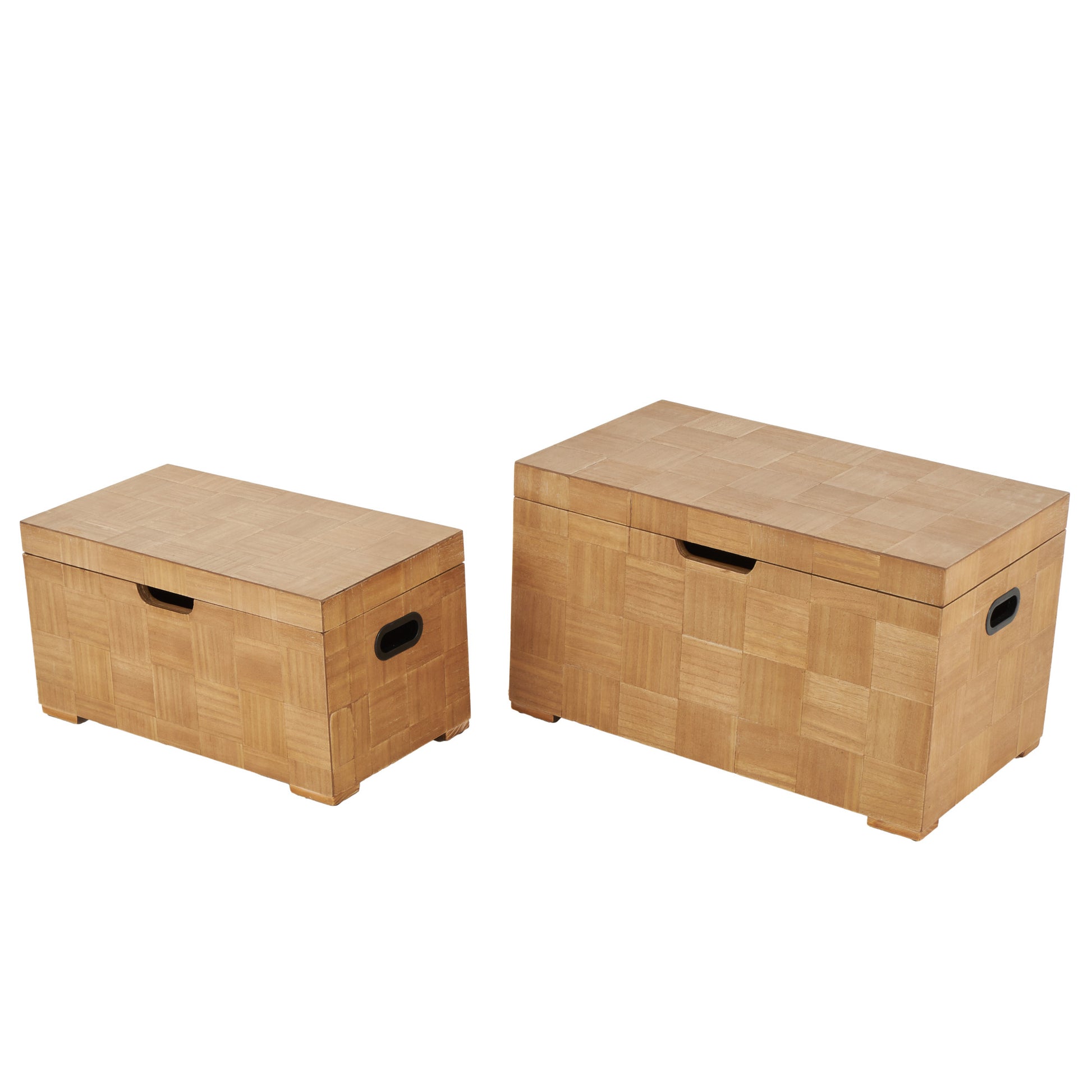 Set of 2 Brown Wood Handmade Decorative Trunk with Black Metal Accents and Square Patterns