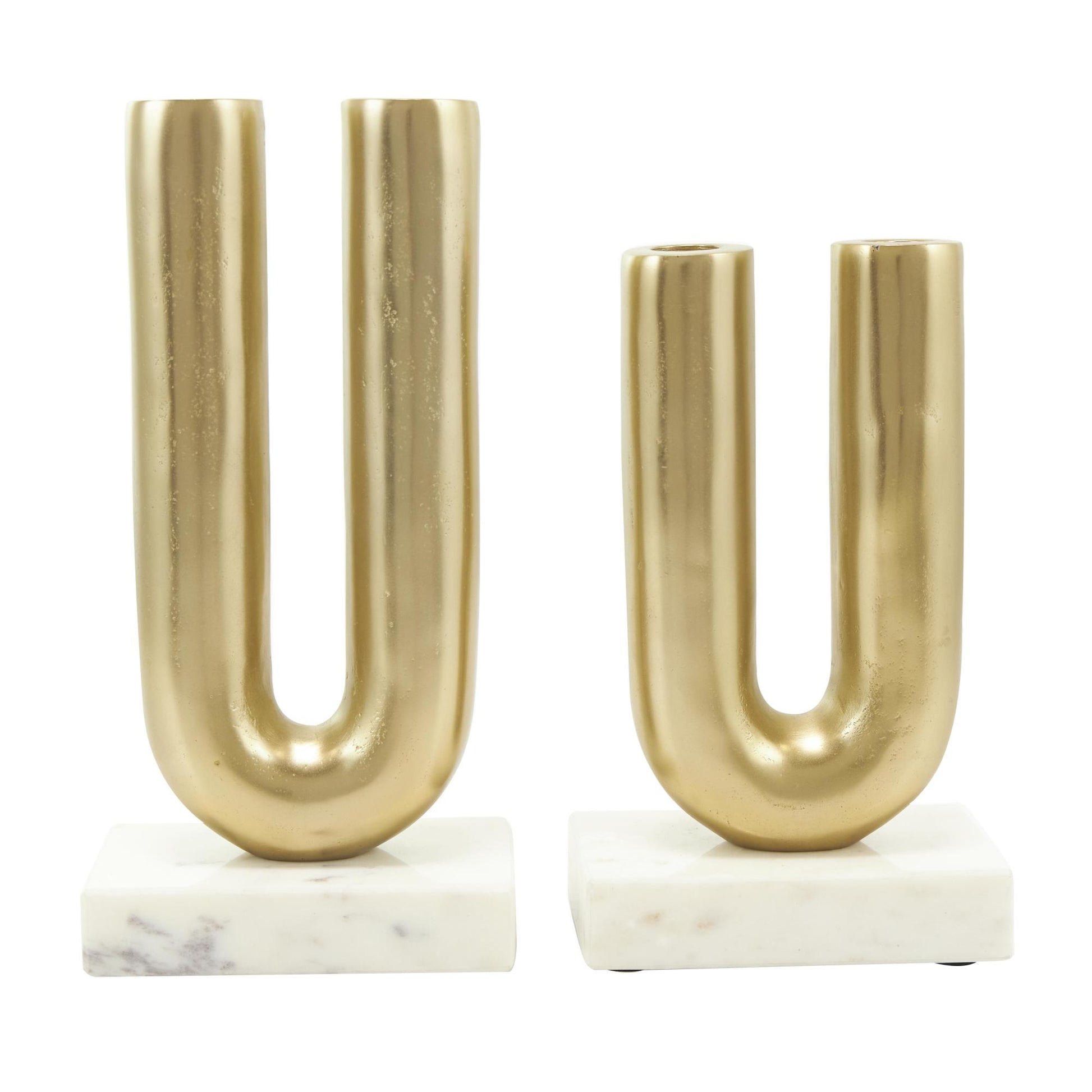 Set of 2 Geometric Aluminum Metal U-Shaped Decorative Candle Holder with Marble Bases