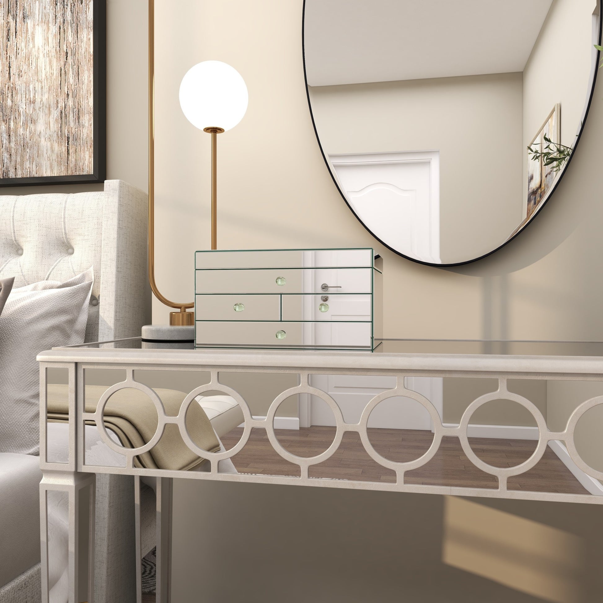 Silver Glass Mirrored 4 Drawer Decorative Jewelry Box with Flip Top Storage