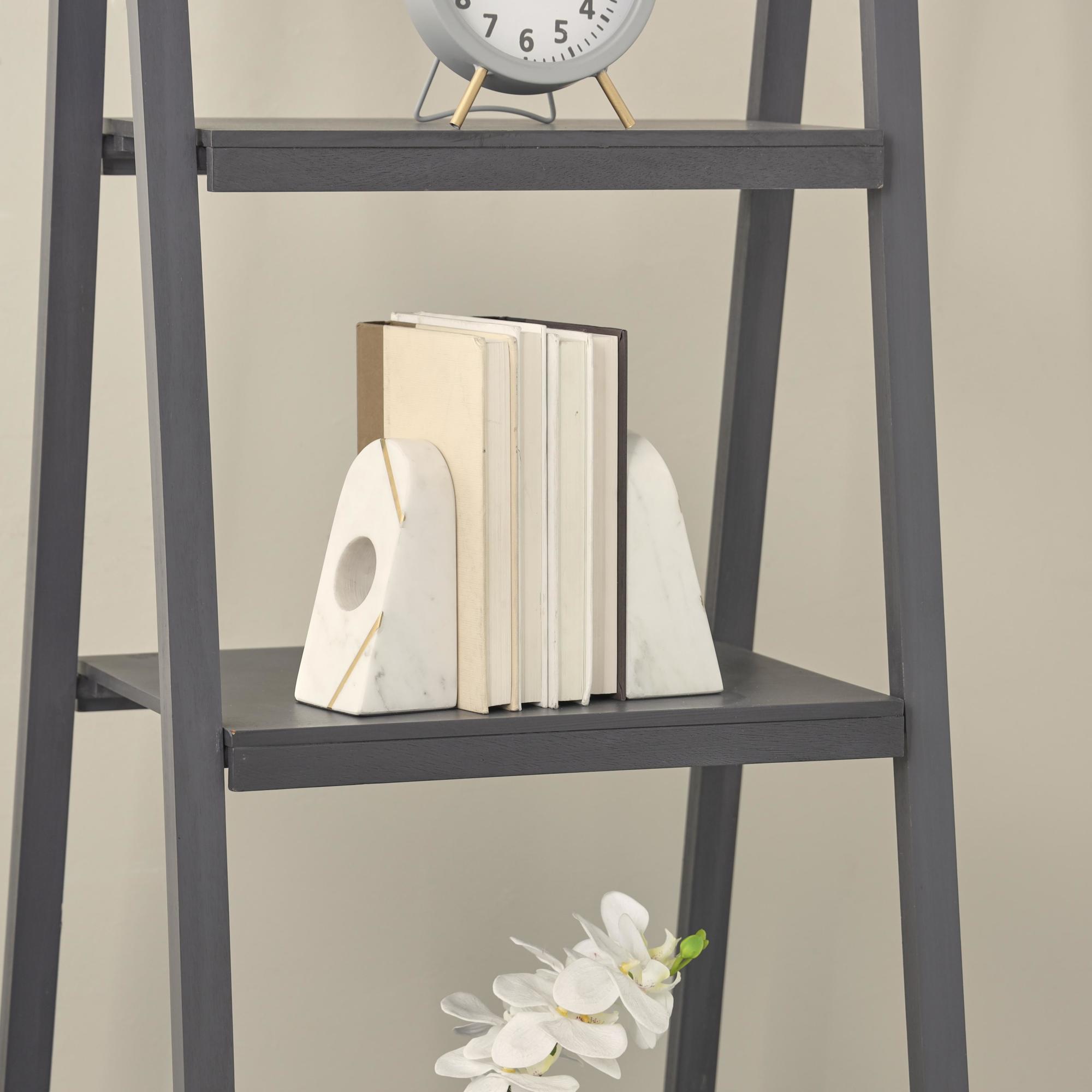 Set of 2 Geometric Marble Curved Pyramid Decorative Bookends with Diagonal Gold Stripes