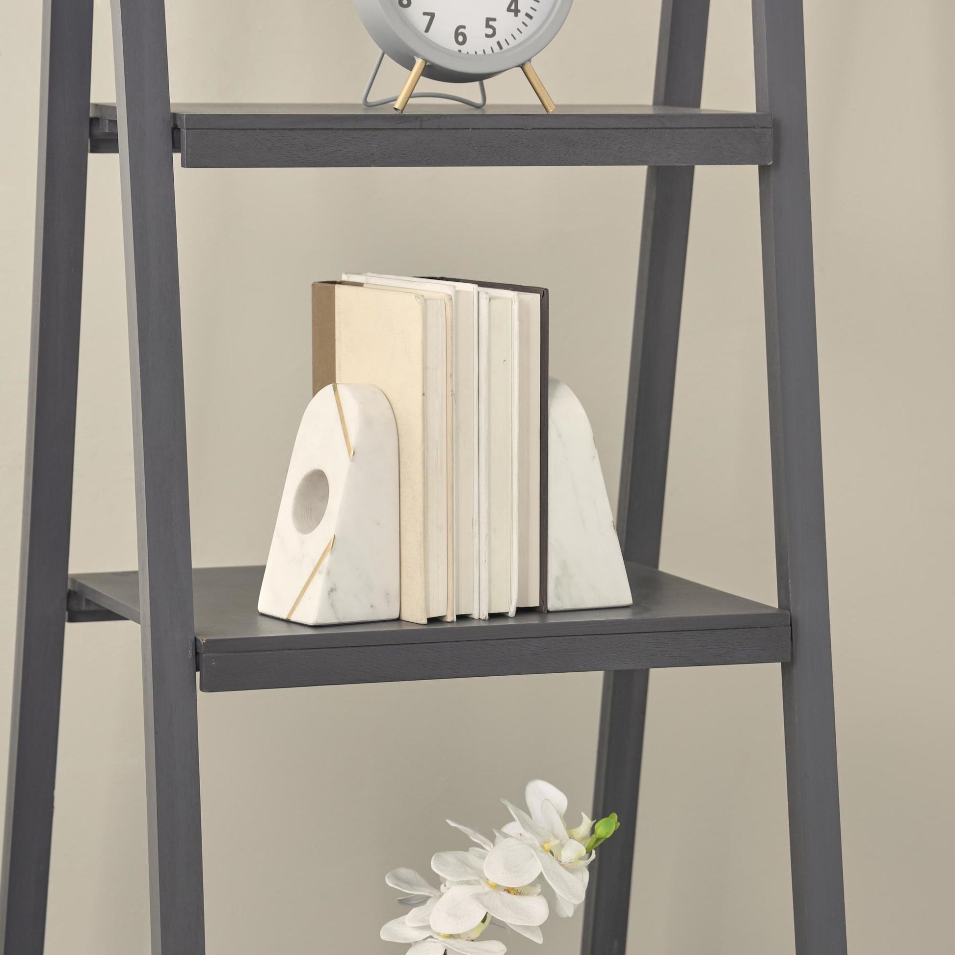 Set of 2 Geometric Marble Curved Pyramid Decorative Bookends with Diagonal Gold Stripes