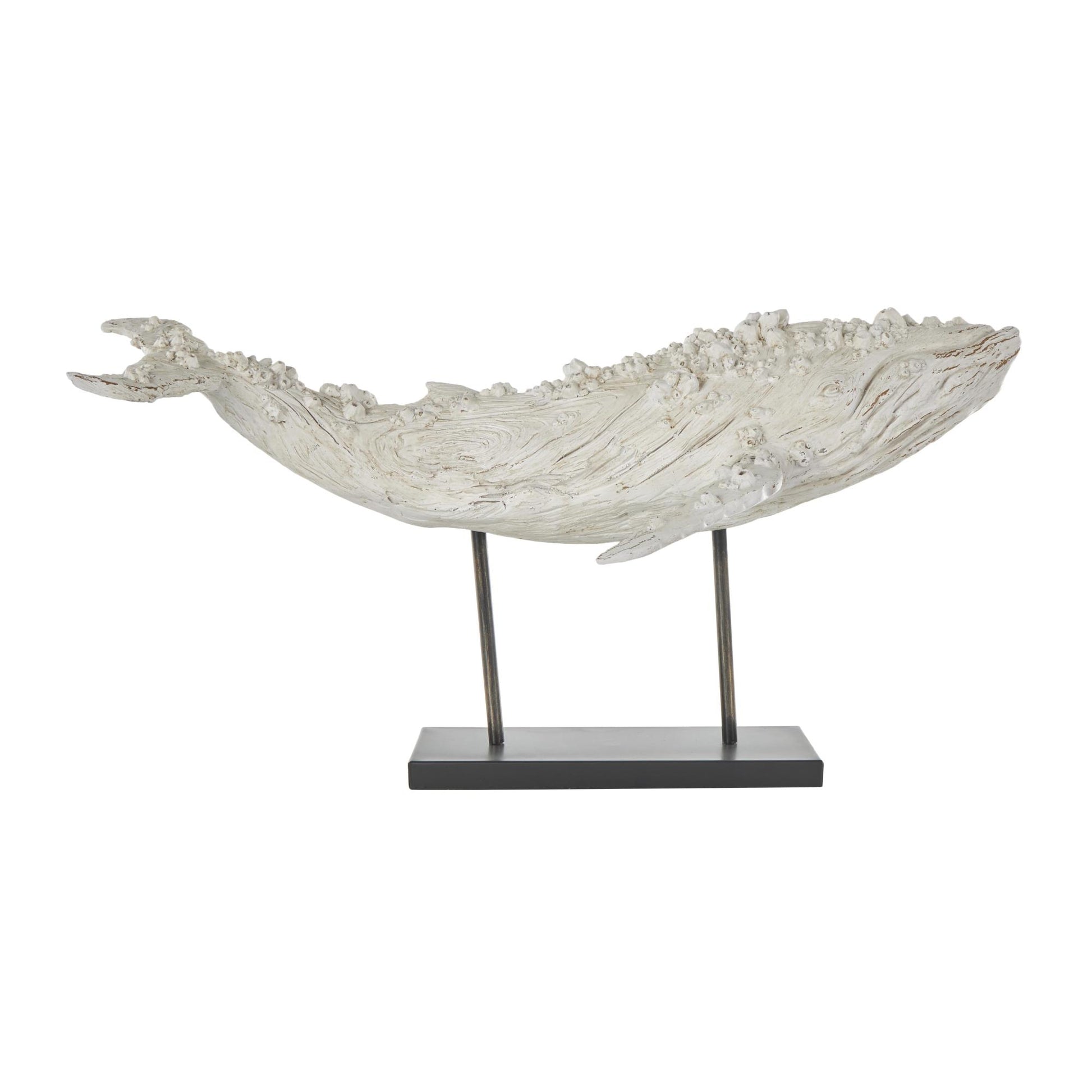 Whale Cream Polystone Textured Decorative Sculpture with Brown Distressing and Black Metal Stand