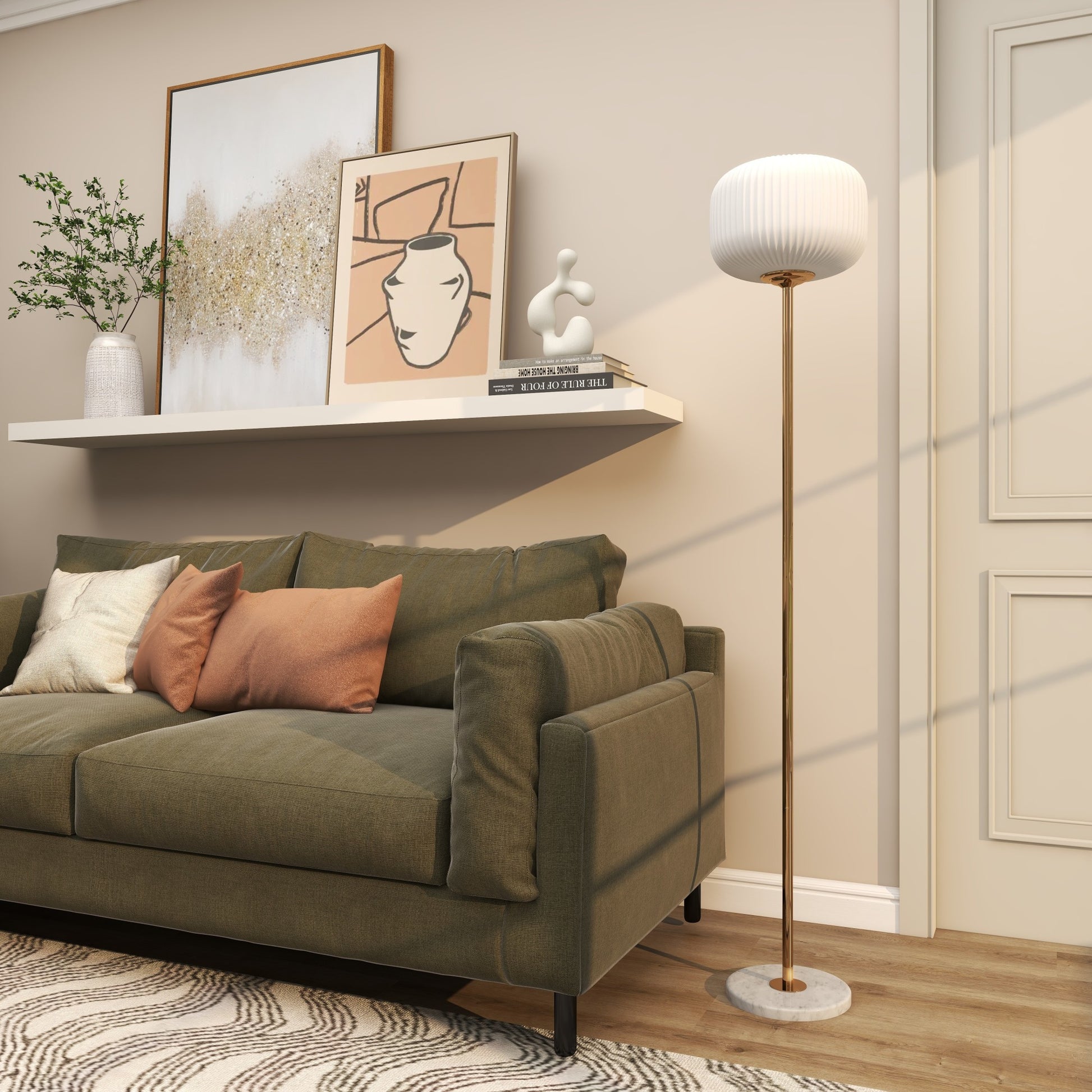 CosmoLiving by Cosmopolitan Gold Metal Room Floor Lamp with White Round Ribbed Shade