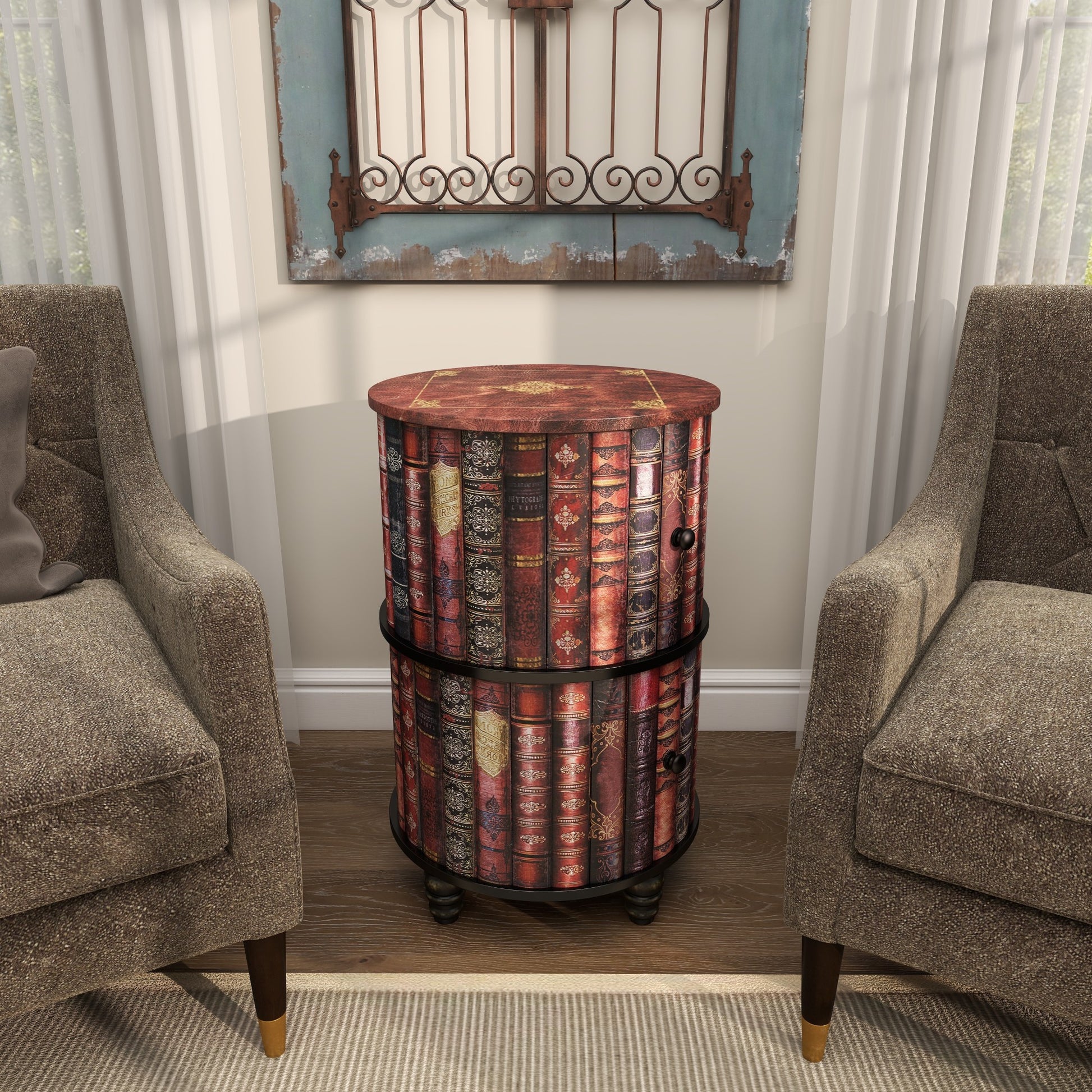Red Faux Leather Circular Storage 2 Door Room Cabinet with Stacked Book Design and Scroll Details
