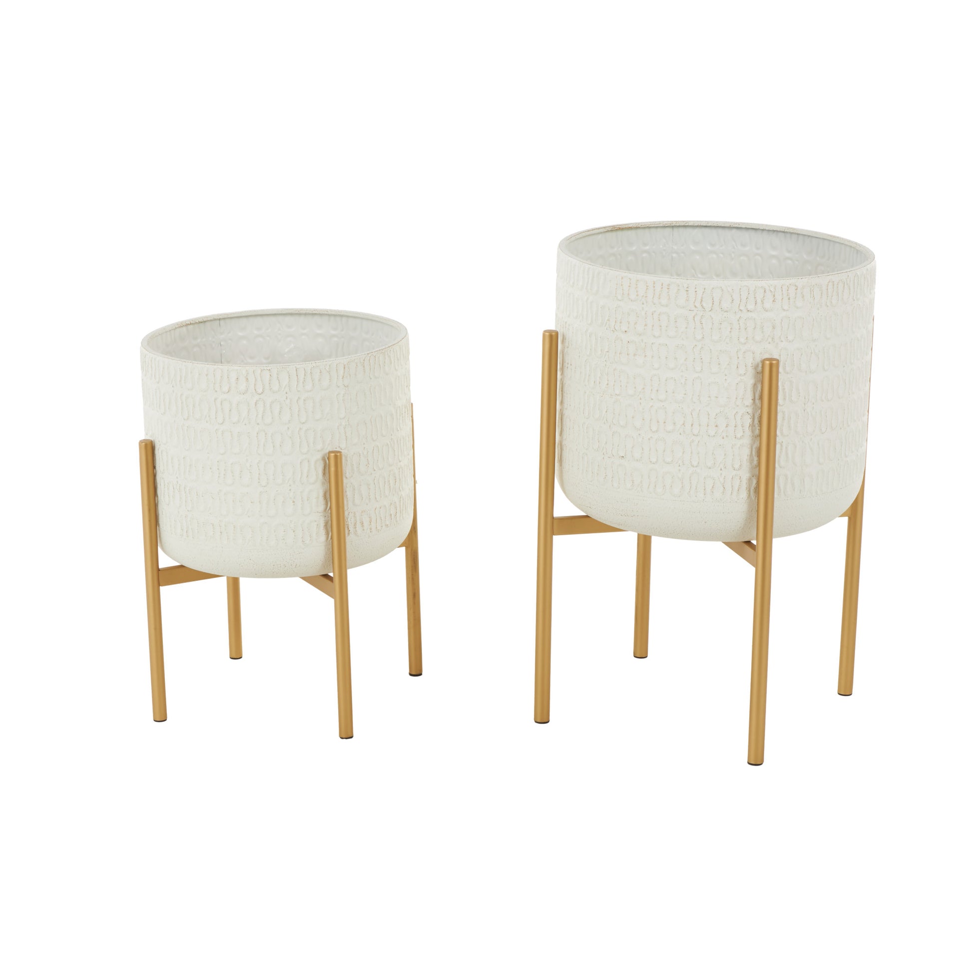 Set of 2 White Metal Dome Indoor Outdoor Planter with Gold Stand