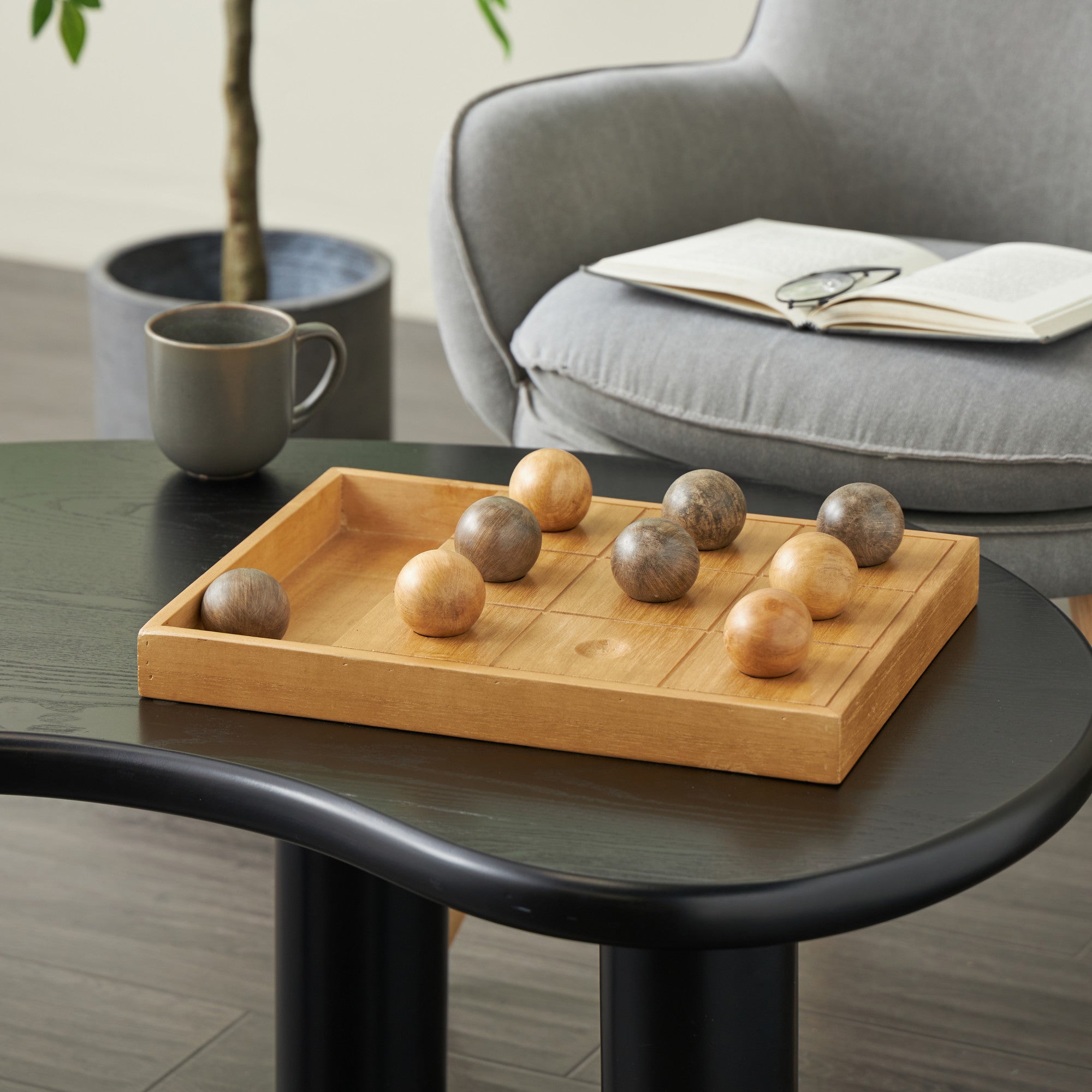 Tic Tac Toe Brown Wood Home Decor Game Set with 9 Balls
