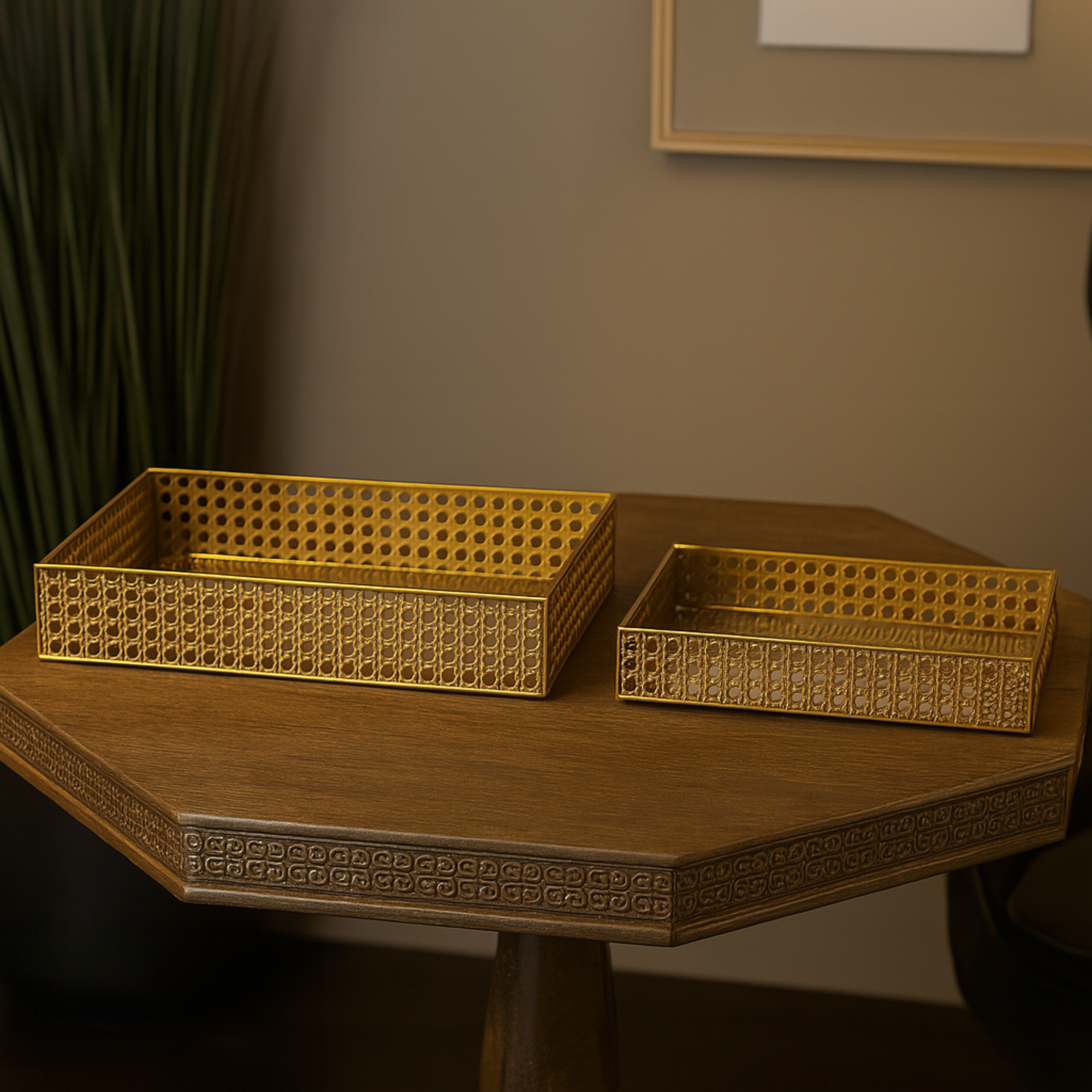 Set of 2 Brown Rattan Woven Living Room Decor Tray with Mirrored Glass Interior