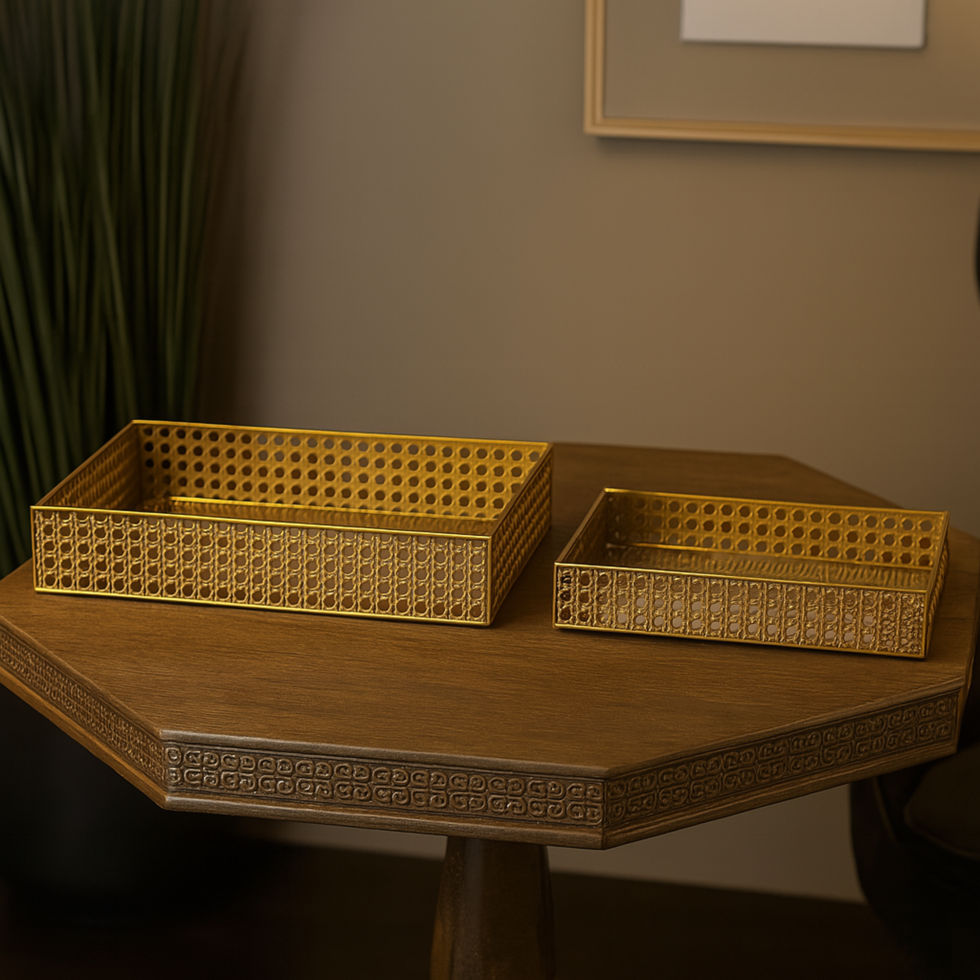Set of 2 Brown Rattan Woven Living Room Decor Tray with Mirrored Glass Interior
