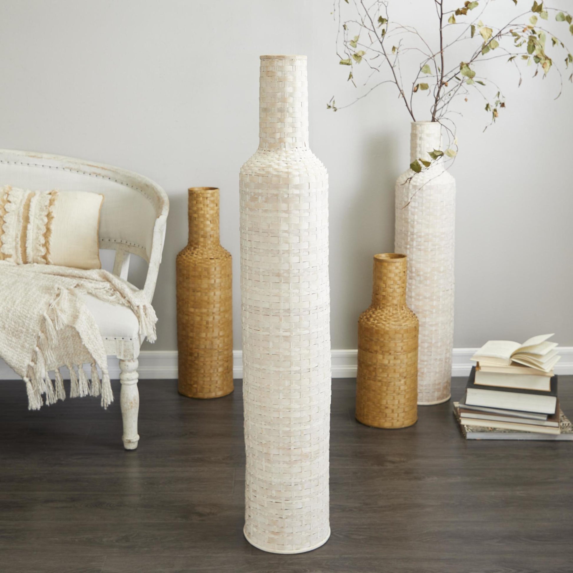 White Bamboo Wood Tall Woven Floor Decorative Vase