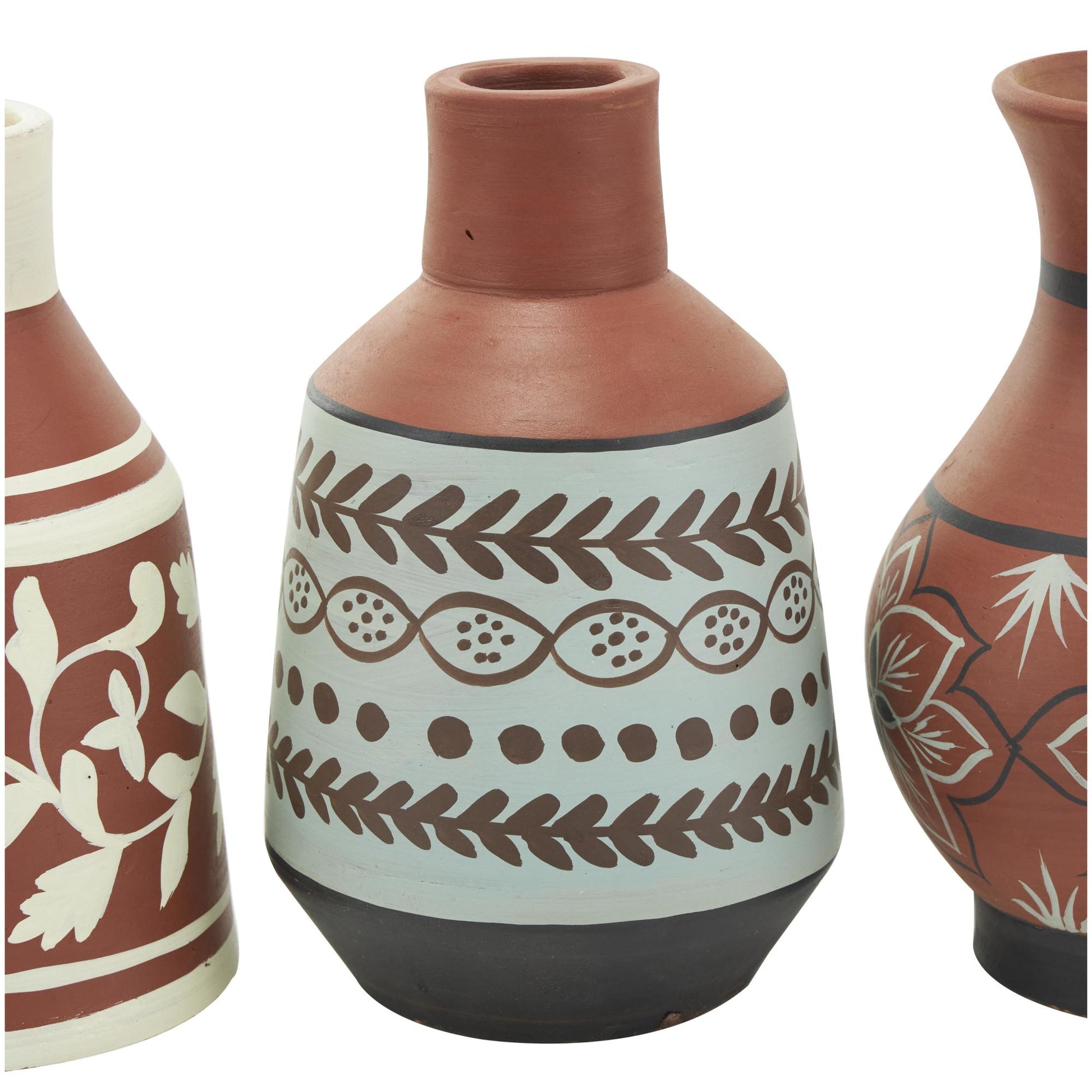 Set of 3 Floral Orange Ceramic Decorative Vase with 3 Different Patterns and Shapes