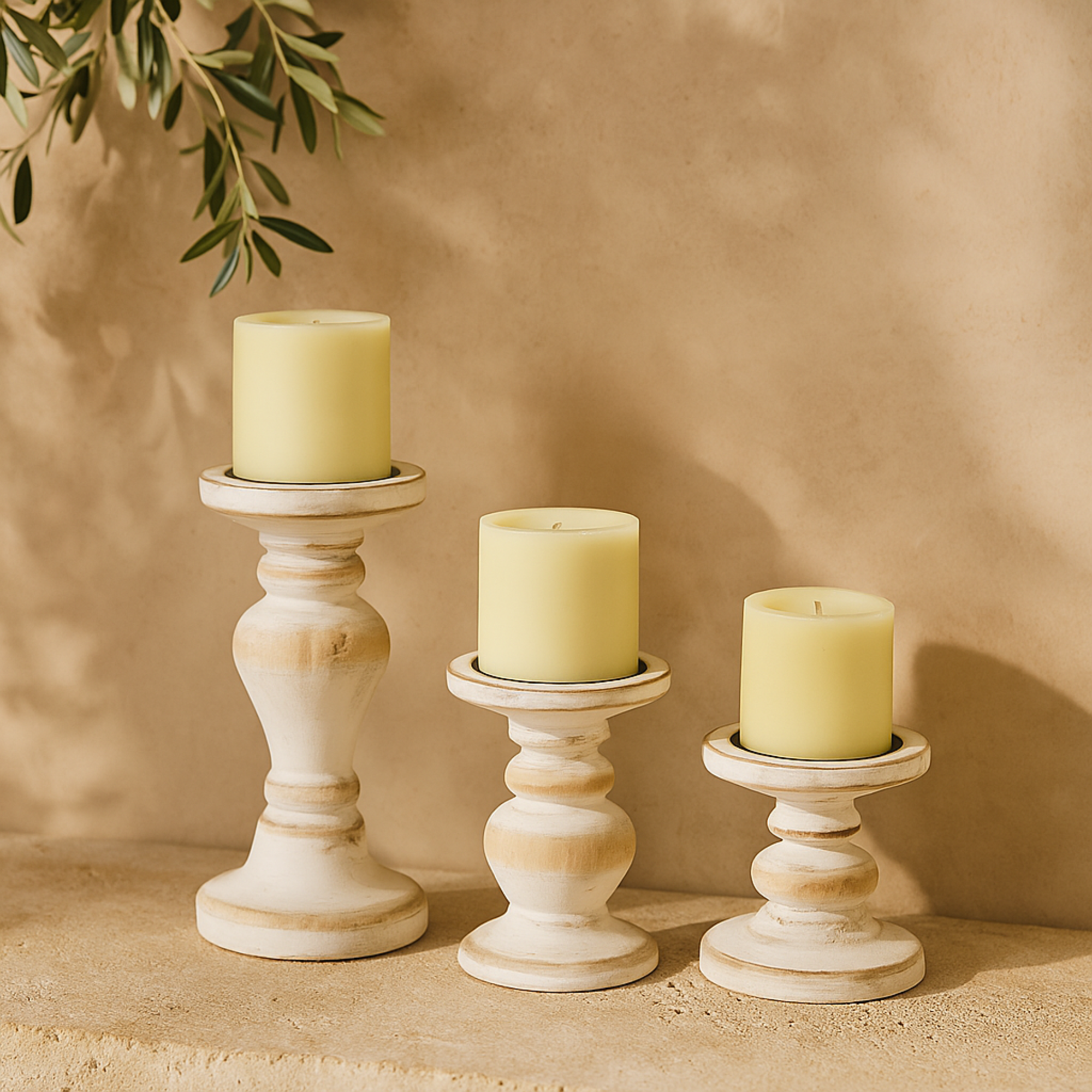 Set of 3 Wood Beaded Pillar Decorative Candle Holder Set of 3 4", 6", 8"H