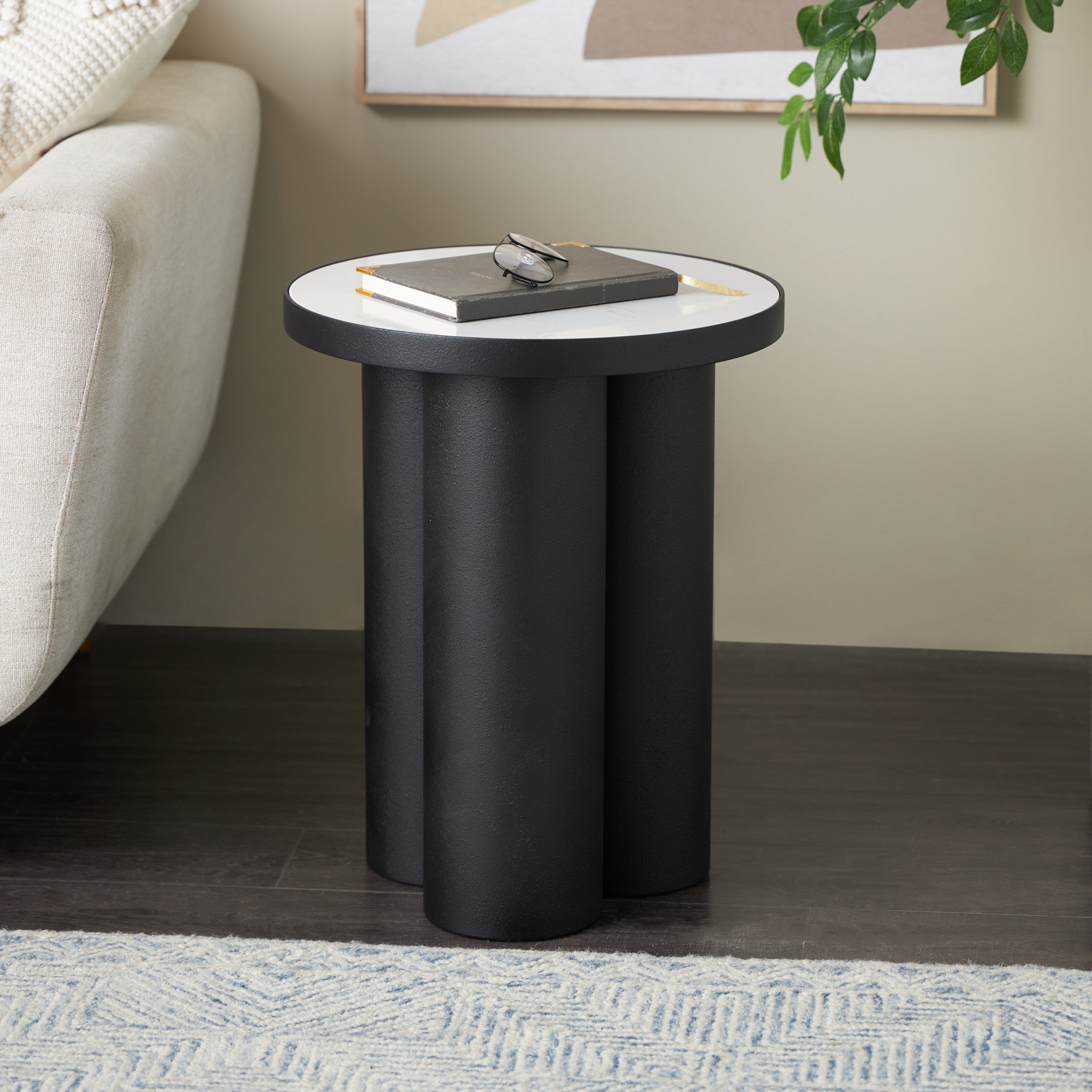 Black Metal Side End Accent Table with White Marble Tabletop