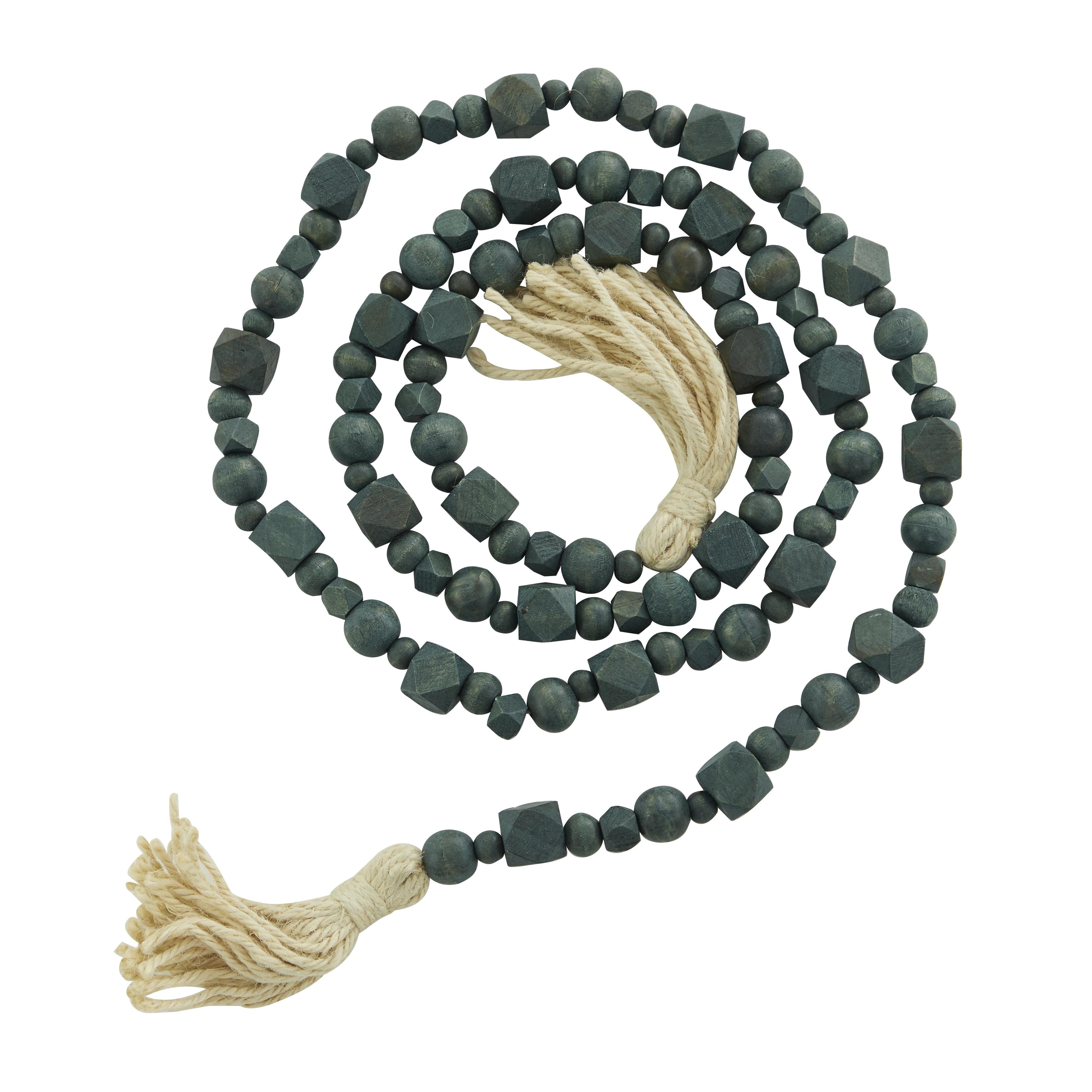 Mango Wood Handmade Hexagon Carved Geometric Long Beaded Garland with Tassel