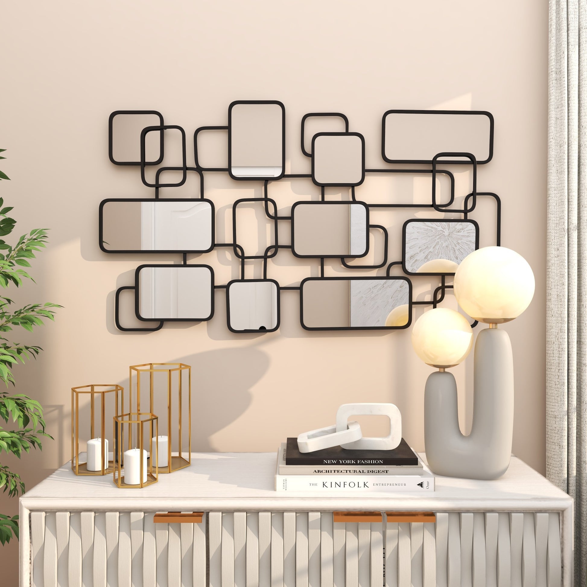 CosmoLiving by Cosmopolitan Geometric Black Metal Overlapping Rectangle Room Wall Mirror with Wire Rod Outlines