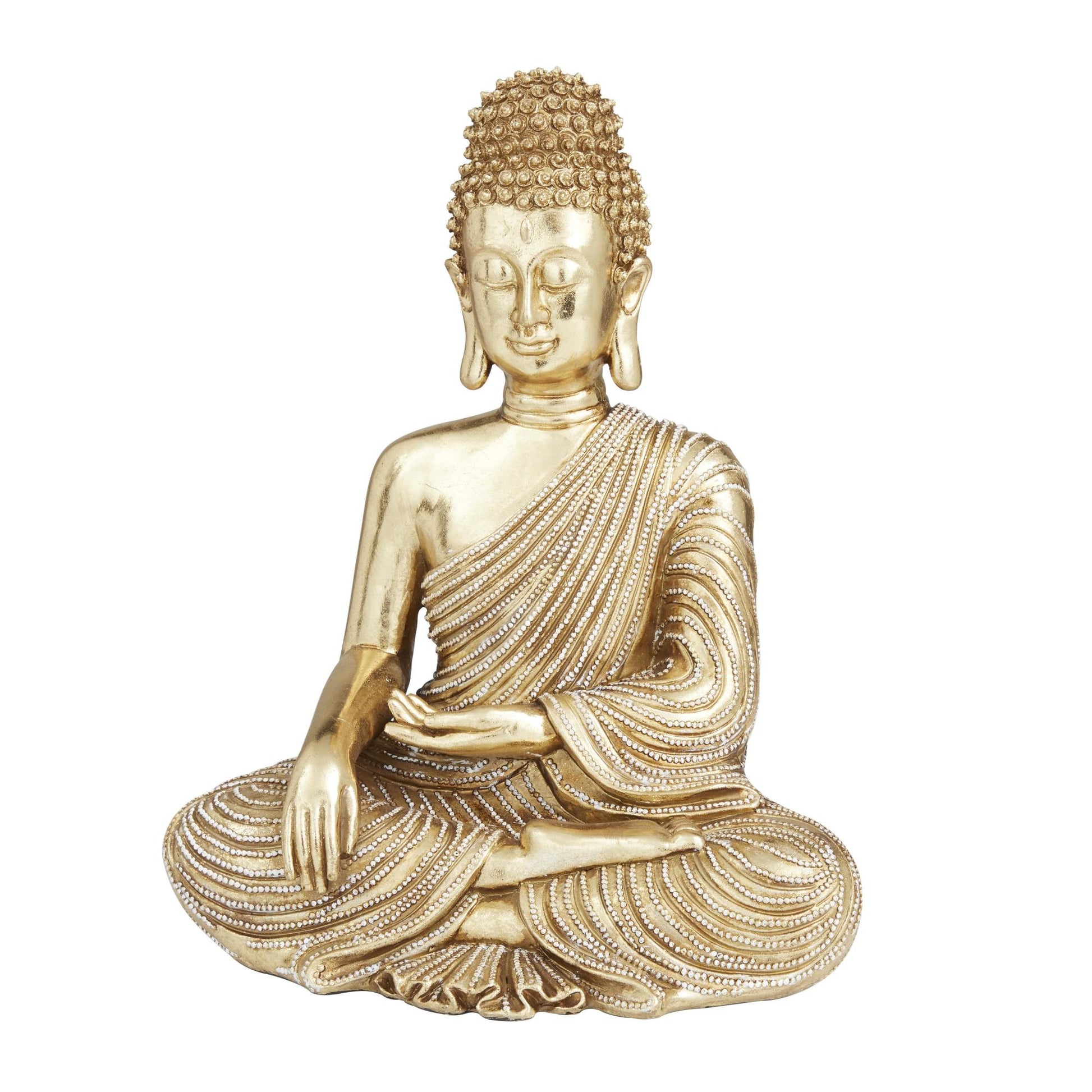 Buddha Gold Polystone Meditating Decorative Sculpture with Engraved Carvings and Relief Detailing