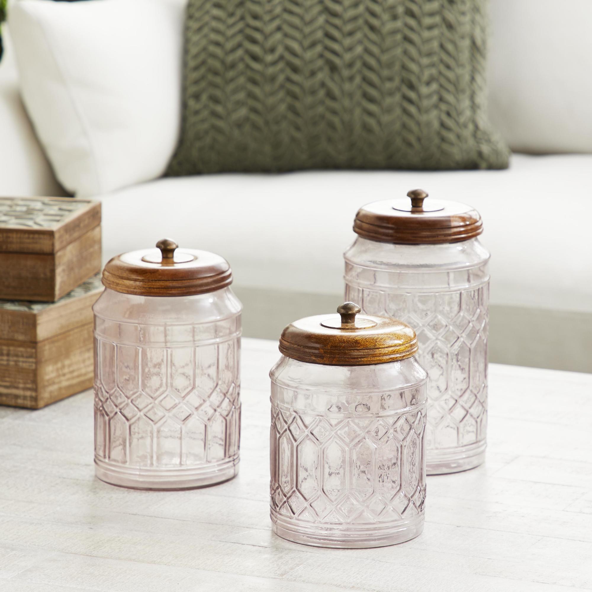 Set of 3 Clear Glass Living Room Decorative Jars with Wood Lids