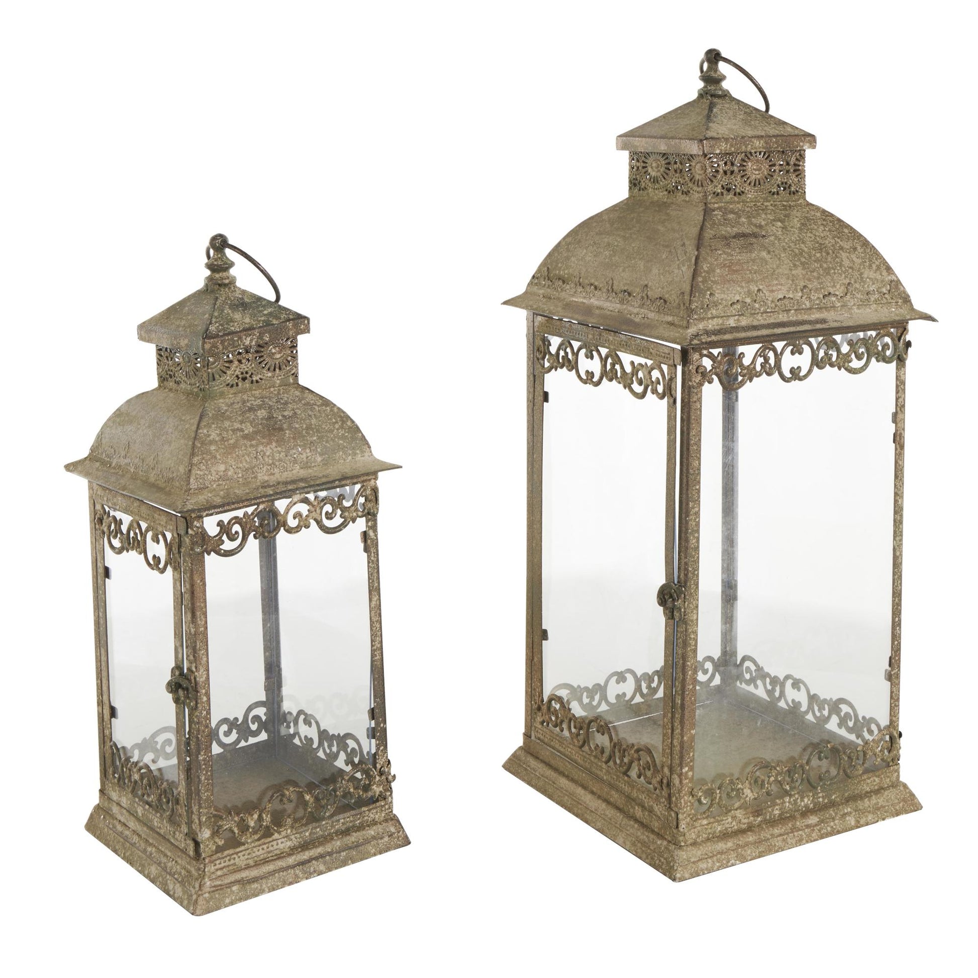Set of 2 Scroll Brown Metal Distressed Vintage Inspired Indoor Outdoor Candle Lantern