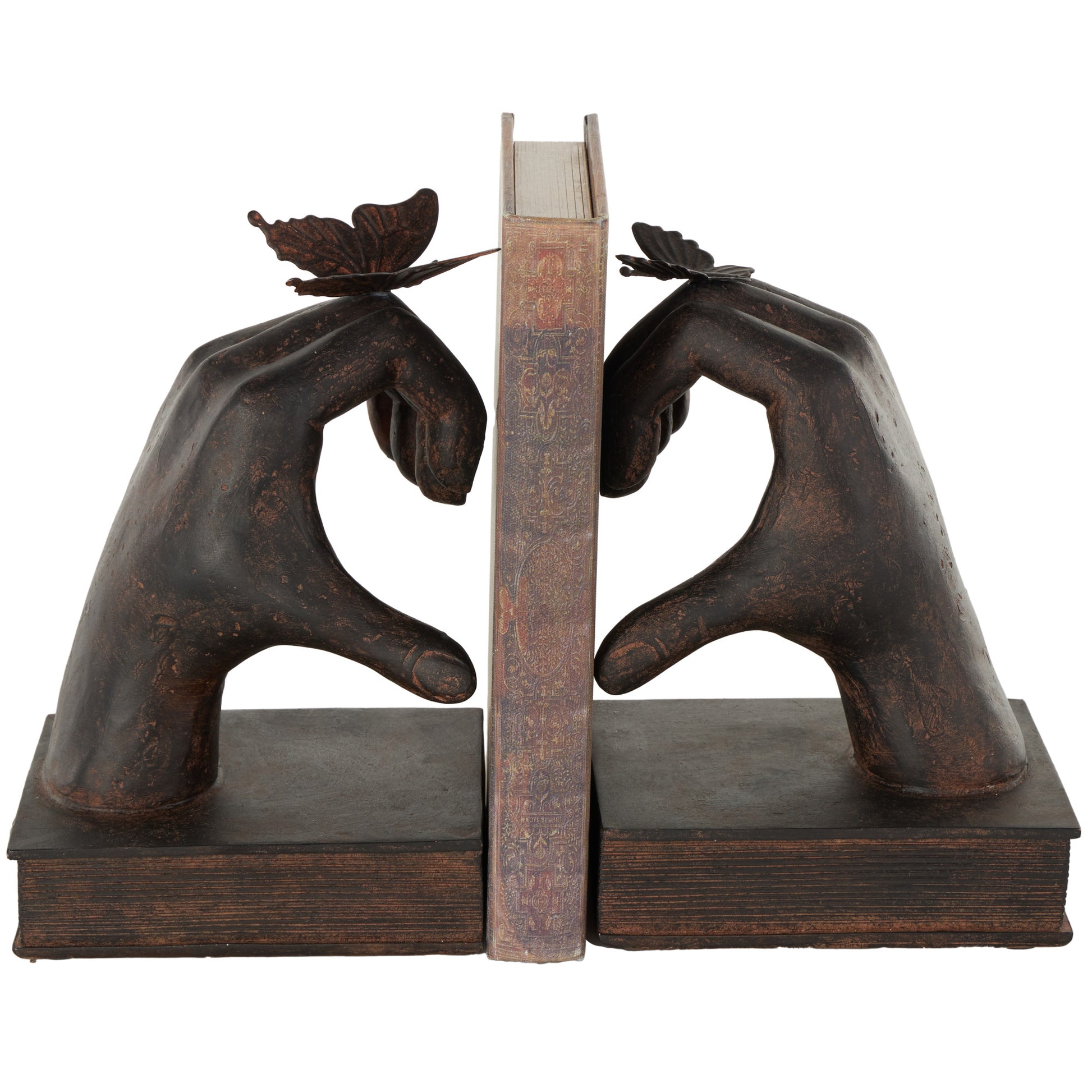 Set of 2 Hands Dark Brown Resin Heart Inspired Decorative Bookends with Butterfly and Copper Accents