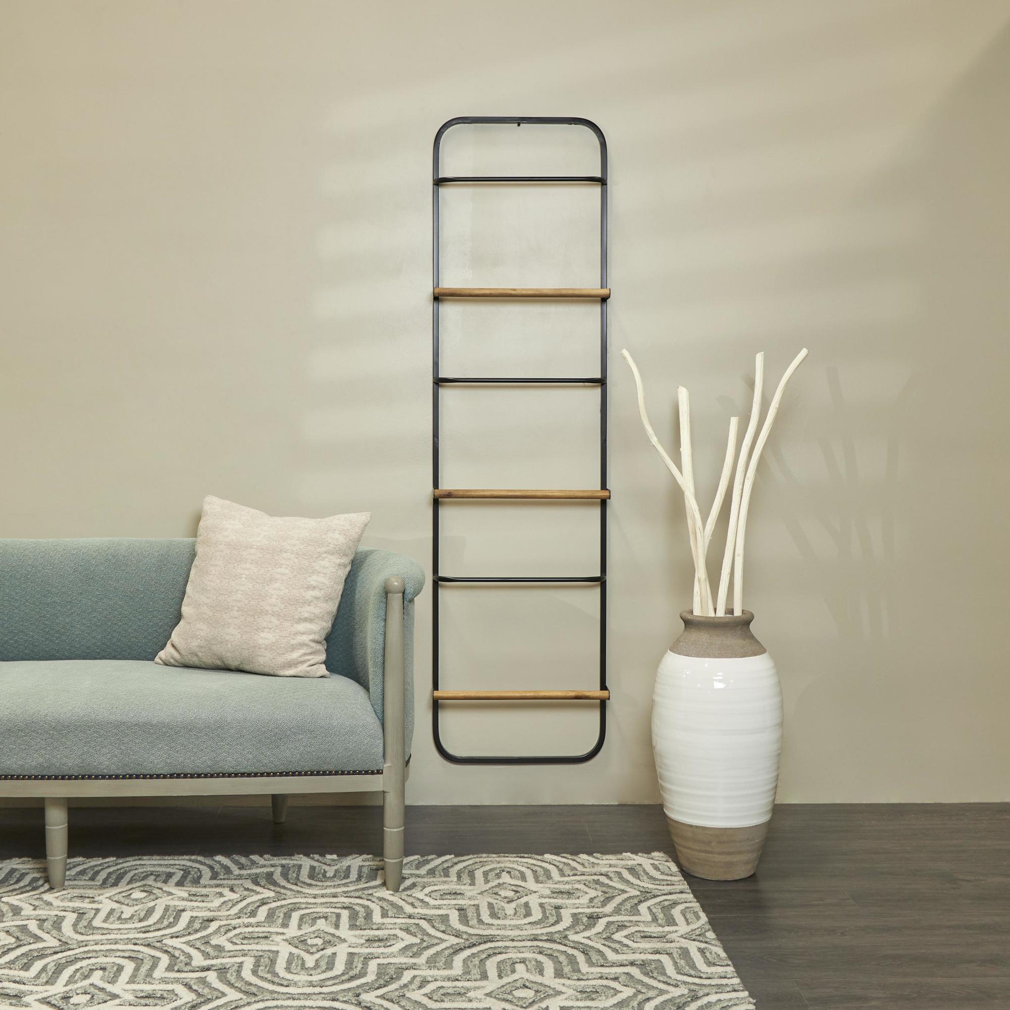 Black Metal 6 Rung Decorative Ladder with Brown Wood Accents