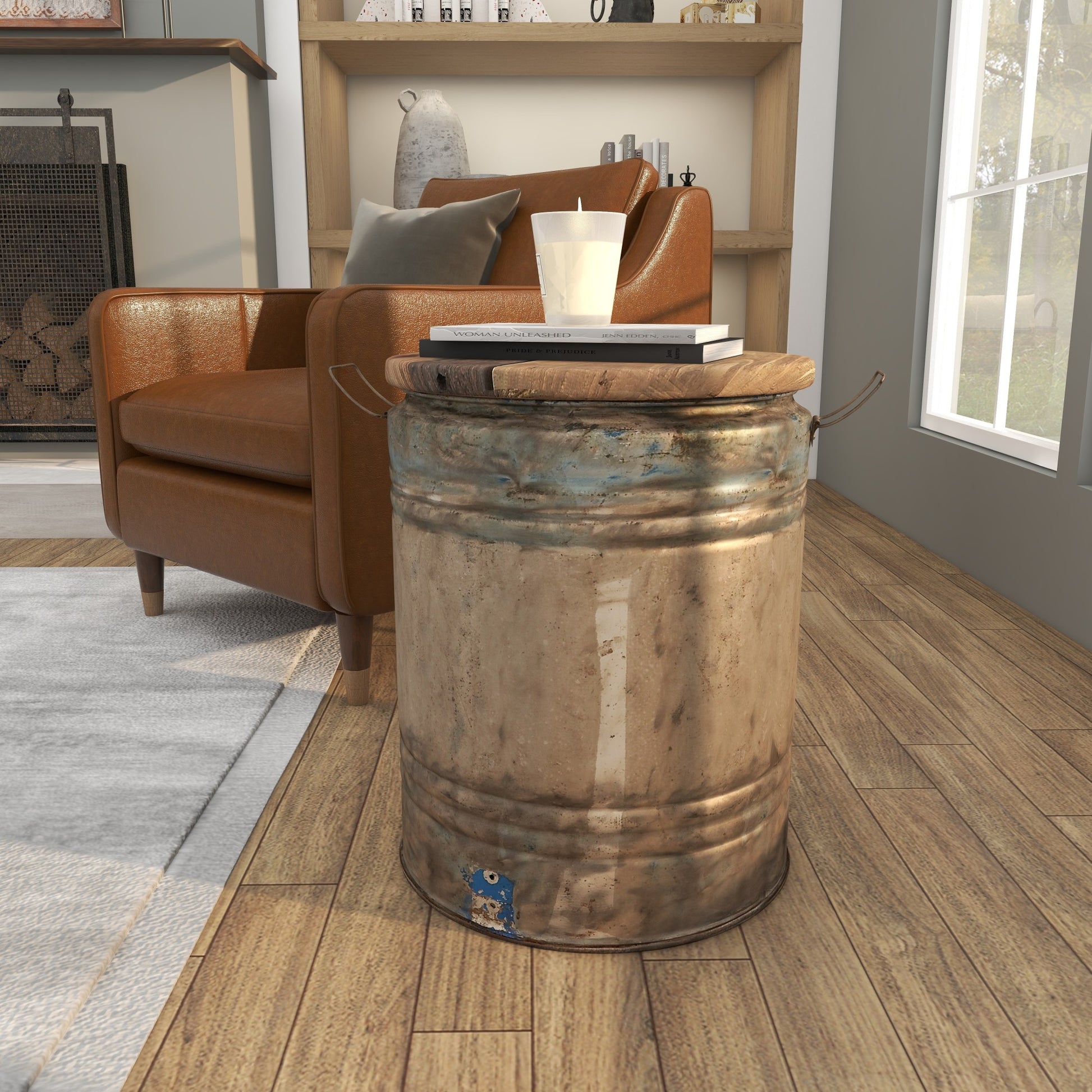 Gray Metal Side End Accent Table with Brown Wood Top