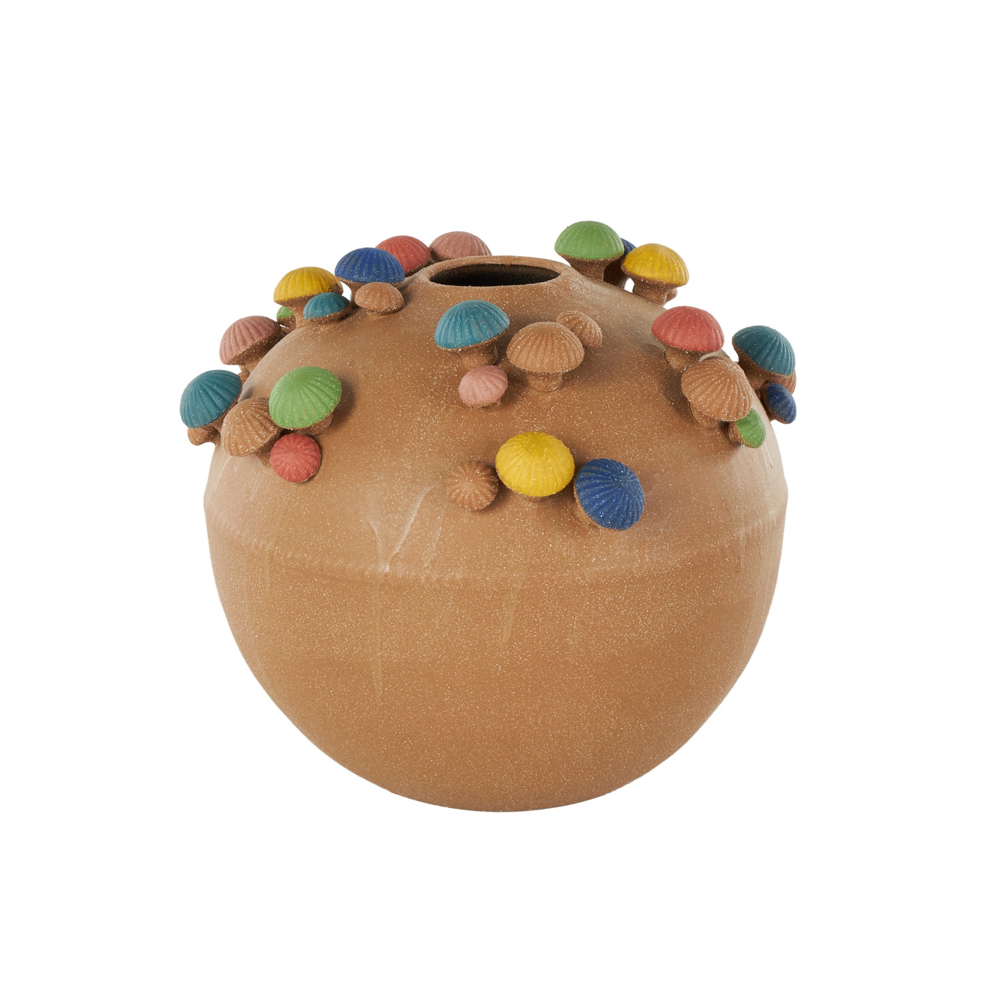 Mushroom Brown Ceramic Round Wide Decorative Vase with Multicolor Accents and White Speckles