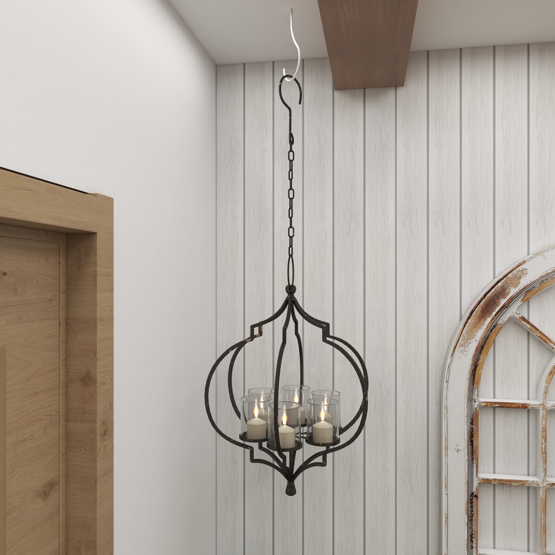 Black Metal Open Caged Hanging 6 Slot Decorative Candelabra with Distressing and Hook