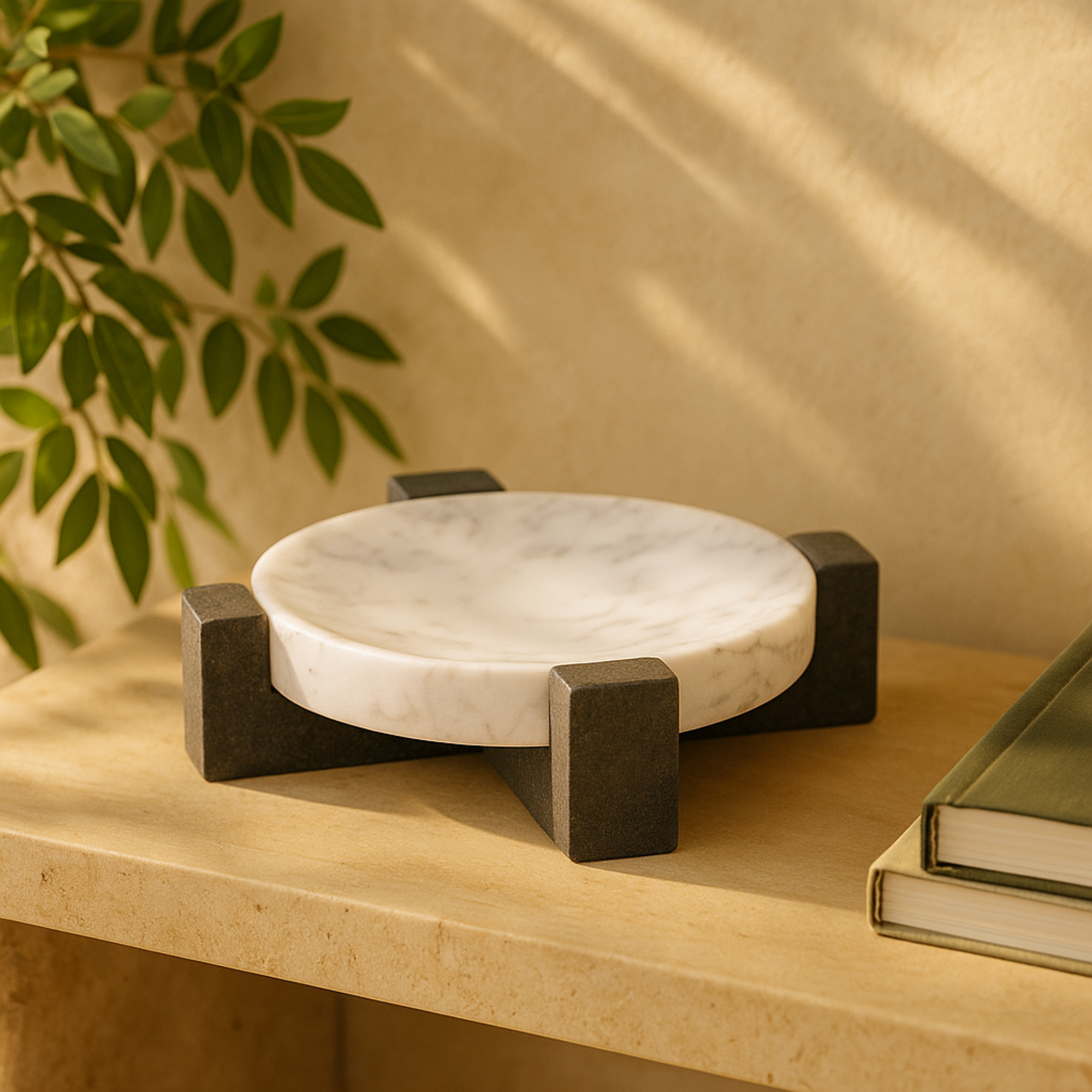 Geometric White Marble Round Living Room Decor Tray with Black X-Shaped Base