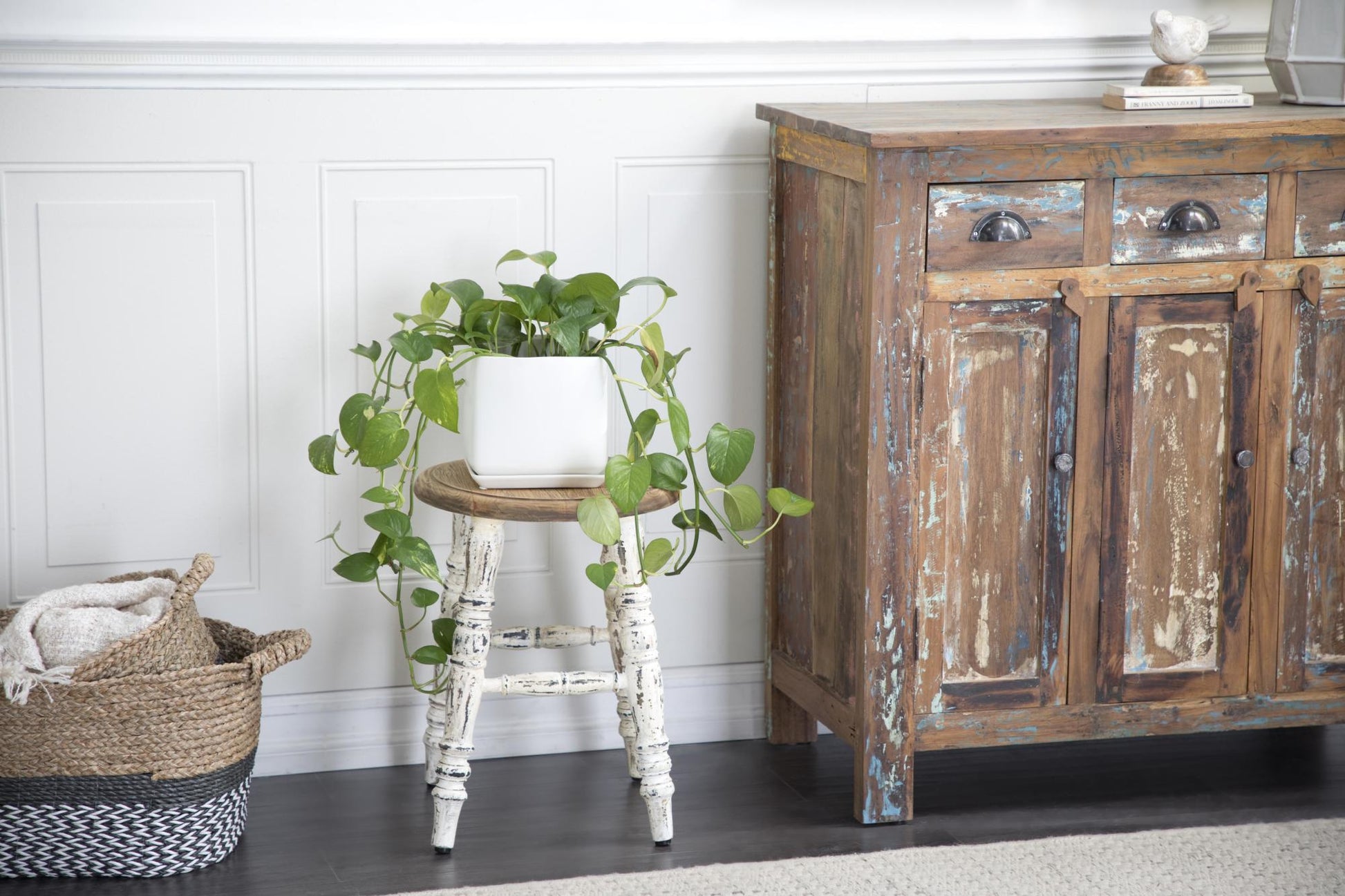 White Wood Living Room Stool with Brown Wood Top
